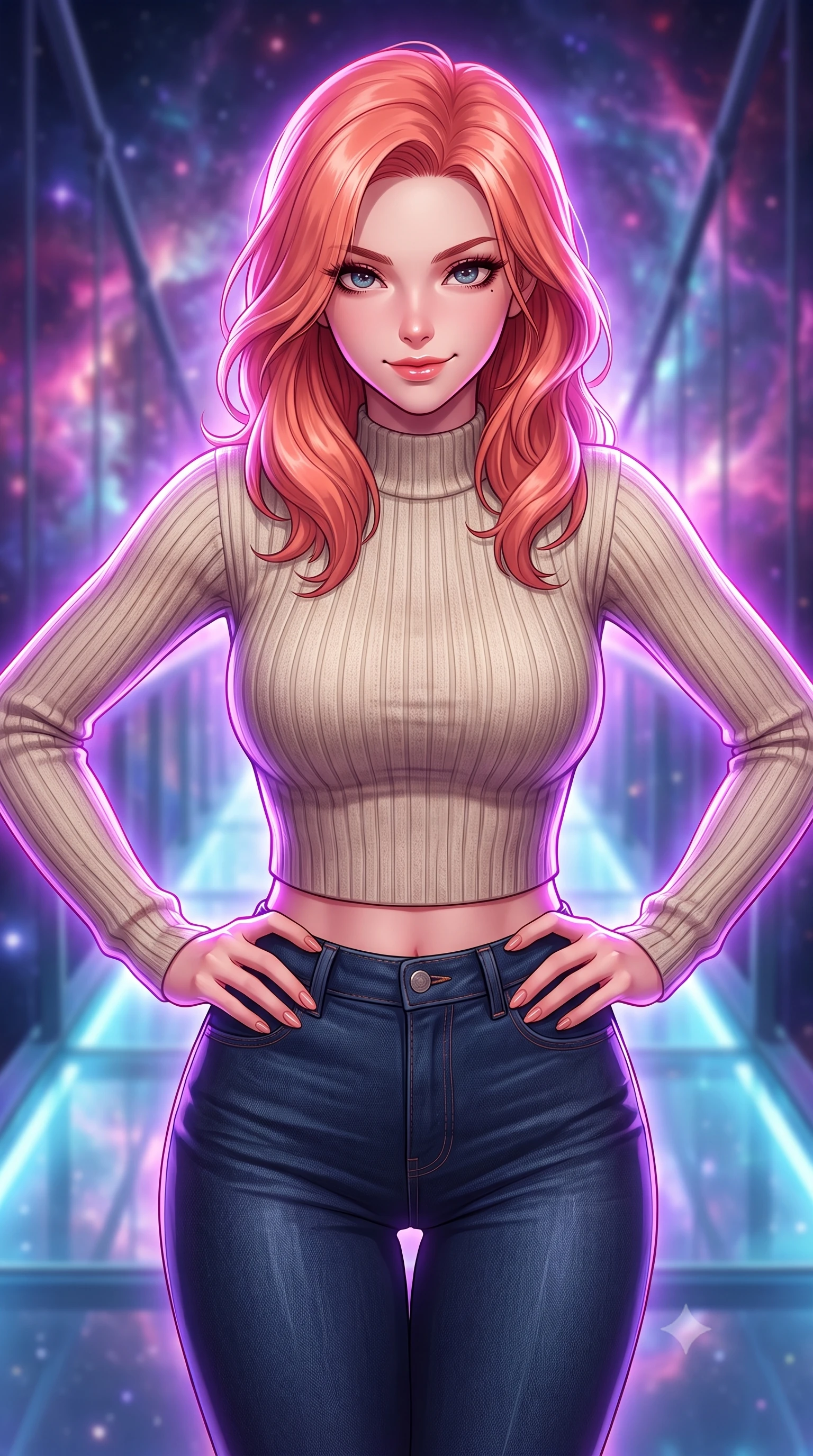 score_9, masterpiece, best quality, ultra-detailed, high-budget anime keyframe, editorial fashion photography, tasteful artistic composition, Japanese woman. close-up cowboy shot from the waist and thighs up, the character dominates the composition, filling the frame with her large presence, background elements kept in soft focus. leaning slightly forward with a playful, teasing smile, her gaze locked onto the viewer the background shows a soft-focus an ethereal glass bridge spanning over a glowing nebular rift. She has an exceptionally elegant, slender, and willowy female figure with an ultra-slim waist, a gracefully sculpted slender torso, and a refined silhouette. sharp v-shaped jawline, high-bridge nose, intricate jewel-like eyes with depth, thick eyelashes, glossy lips with a natural sheen. wearing a slim-fit tight-fitting crop sweater in oatmeal wool, paired with high-waisted form-fitting pants. vivid magenta and indigo cosmic light wrapping her in a dramatic backlight. highly saturated vibrant anime colors, detailed shading with soft gradients, rich glossy textures, high-contrast stereoscopic depth, volumetric dynamic lighting, master piece, 9:16 ratio