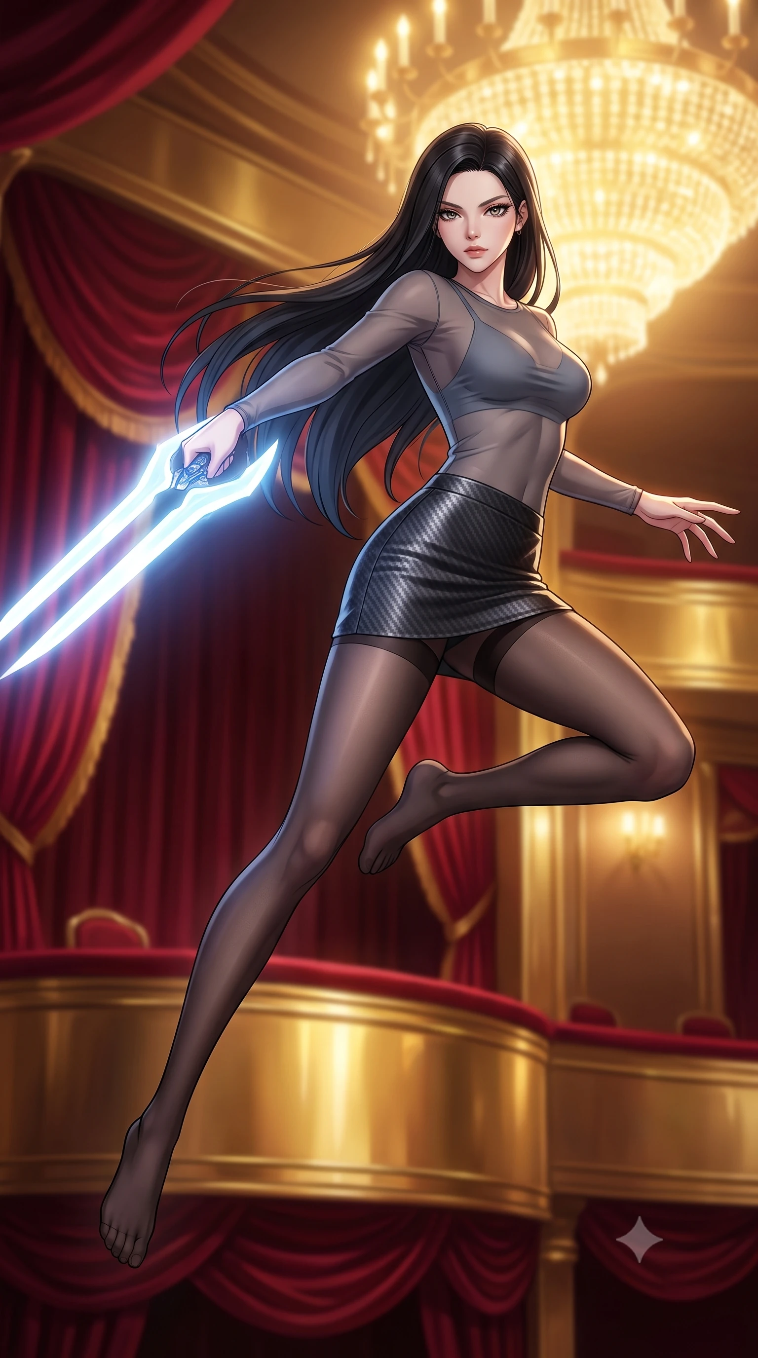 score_9, masterpiece, best quality, ultra-detailed, high-budget anime keyframe, editorial fashion photography, tasteful artistic composition, Korean woman. low angle full-body shot from head to toe showing her feet, filling the entire 9:16 vertical frame with her statuesque presence, stretching her vertical silhouette. leaping forward while slashing with a twin-bladed plasma sword in mid-air, her body-contouring suit showing her athletic silhouette, the background shows a soft-focus a VIP opera box suite draped in heavy crimson velvet and gold brass panels. She has an absolutely perfect, statuesque 8.5-heads proportion, an exceptionally tall and slender model-like female figure with impossibly long slender legs and an ultra-slim waist. sharp v-shaped jawline, high-bridge nose, intricate jewel-like eyes with depth, thick eyelashes, glossy lips with a natural sheen. wearing a slim-fit semi-transparent mesh top in slate grey, paired with a carbon-fiber mini skirt and sheer stockings. warm golden light from the massive theater chandelier casting a soft wash. highly saturated vibrant anime colors, detailed shading with soft gradients, rich glossy textures, high-contrast stereoscopic depth, volumetric dynamic lighting, master piece, 9:16 ratio