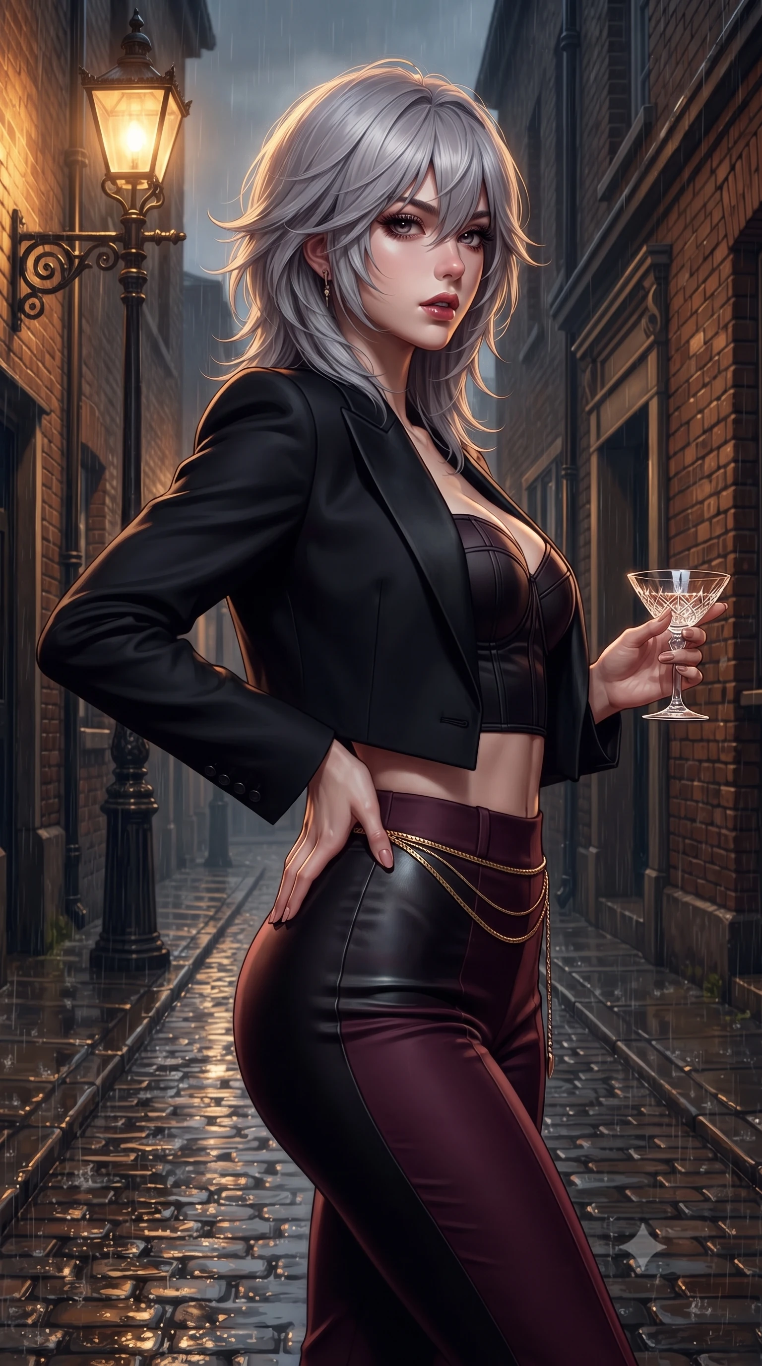 score_9, masterpiece, best quality, ultra-detailed, high-budget anime keyframe, editorial fashion photography, tasteful artistic composition, Japanese woman. close-up cowboy shot from the waist and thighs up, the character dominates the composition, filling the frame with her large presence. twisting her slender torso in an alluring contrapposto stance, one hand resting on her sculpted hip while holding a crystal glass with effortless poise while pausing beneath the warm glow of an ornate wrought-iron gaslamp with hips cocked back, looking over her shoulder with an intoxicating, smoldering gaze. The surrounding environment is rendered in vivid detail and crisp panoramic clarity. sharp wet cobblestone specular highlights, weathered brick masonry texture, and wrought-iron lamp scrollwork in deep focus. She has an exceptionally elegant, slender, and willowy female figure with an ultra-slim waist, flat toned midriff, narrow ribcage, and sculpted feminine hips creating an alluring, slim hourglass silhouette without bulk. sharp v-shaped jawline, high-bridge nose, intricate jewel-like dark sparkling eyes with dangerous depth, thick curled eyelashes, glossy parted lips with a rich wine sheen, smoldering seductive half-smile with bedroom-eyes, exuding effortless superiority and intoxicating dark allure, flawlessly proportioned anatomical accuracy, strict slender model proportions, natural body alignment, perfectly sculpted long slender limbs, ultra-slim waistline, clean dynamic posture without body distortion. wearing a tailored cropped midnight-black tuxedo blazer worn over a structured bustier top and high-waisted cigarette trousers in deep wine burgundy and lustrous obsidian, made of liquid-tight stretch jersey emphasizing every curve of her body, finished with a delicate gold snake chain belt resting loosely across her curvy hips, the high-waisted tailoring accentuating her ultra-slim waistline and the enchanting curve of her feminine hips with alluring dark charm. illuminated by wet pavement mirror reflections and sharp golden street rim lights sharply carving her slim torso, narrow waist, and curvy hips. ultra-reflective glossy finish, specular highlights, rich textural contrasts, high-contrast stereoscopic depth, volumetric dynamic lighting, 2k, ultra detail, master piece, 9:16 ratio