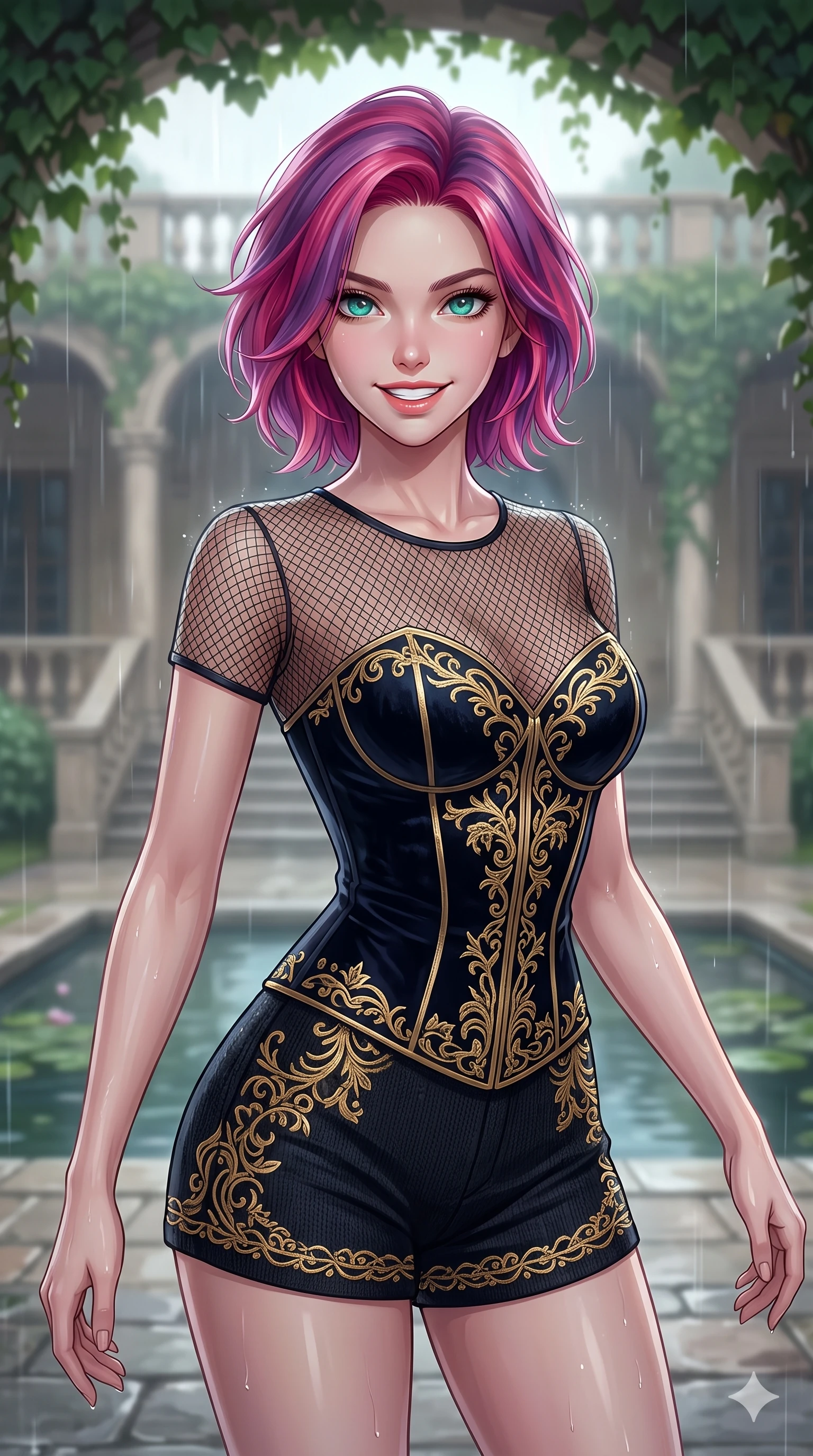 score_9, masterpiece, best quality, ultra-detailed, high-budget anime keyframe, vibrant anime aesthetic, Caucasian woman, strictly human ears. close-up cowboy shot from the waist and thighs up, the character dominates the composition, filling the frame with her large presence, background elements kept in soft focus. She is posing with a bright, energetic grin, her eyes glowing with energy, with her eyes bright and full of life with a captivating and confident presence. the background shows a soft-focus stone terrace of a classic villa under a leafy ivy canopy, during a warm summer rain shower (Code-P22-172). She has an absolutely perfect proportion, an exceptionally elegant and slender female figure with an ultra-slim waist. V-shaped jawline, high-bridge nose, intricate jewel-like eyes with depth, thick eyelashes, glossy lips with a natural sheen. wearing a delicate mesh overlay worn over a structured velvet bodice and knit shorts in midnight black with gold embroidery. She is drenched in soft, diffused light of a rainy afternoon, creating clean outlines, accentuating her slender silhouette by the quiet garden pond. 2k, ultra detail, master piece, 9:16 ratio