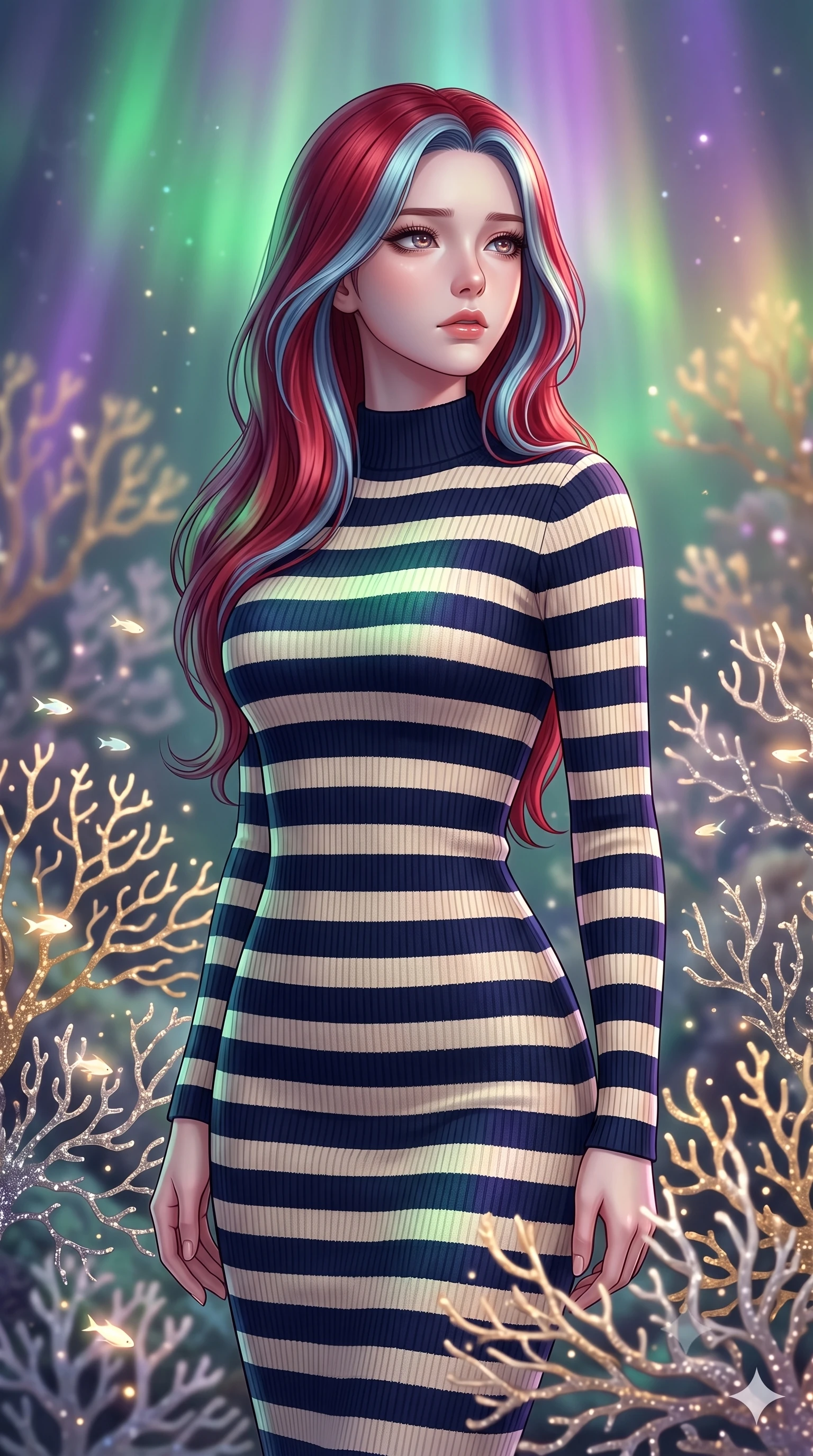 score_9, masterpiece, best quality, ultra-detailed, high-budget anime keyframe, editorial fashion photography, tasteful artistic composition, Caucasian woman, strictly human ears. close-up cowboy shot from the waist and thighs up, the character dominates the composition, filling the frame with her large presence, background elements kept in soft focus. Gazing into the distance with a wistful melancholic expression and softly glowing eyes. set against a soft-focus background of an underwater-like garden where coral formations are made entirely of solidified starlight in gold and silver their branches delicate as filigree swaying gently in cosmic currents with tiny light-fish darting between them. She has an exceptionally elegant and slender, willowy female figure with an ultra-slim waist, a gracefully sculpted slender torso, and a refined slim physique. sharp v-shaped jawline, high-bridge nose, intricate jewel-like eyes with depth, thick eyelashes, glossy lips with a natural sheen. wearing a form-fitting knit midi dress in navy and cream stripes, featuring a mock neck and long sleeves. illuminated by a shifting aurora palette of green violet and gold from above. 2k, ultra detail, master piece, 9:16 ratio