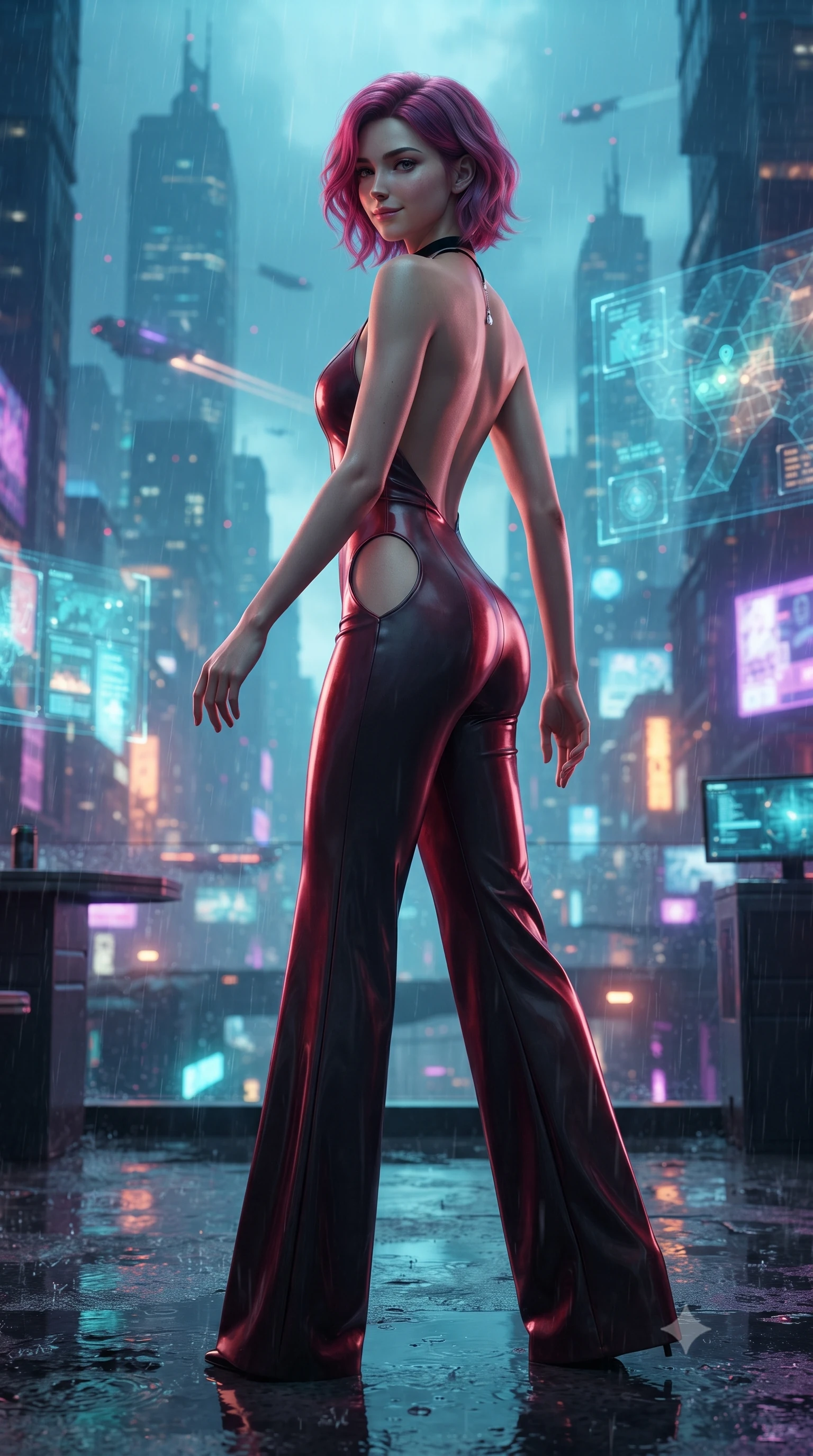 score_9, masterpiece, best quality, ultra-detailed, high-budget anime keyframe, editorial fashion photography, tasteful artistic composition, Caucasian woman. low angle full-body shot from head to toe showing her feet, filling the entire 9:16 vertical frame with her statuesque presence, stretching her vertical silhouette. walking along the terrace with poise, looking back over her bare shoulder with an irresistible smoldering bedroom-gaze while twisting her slender torso in an alluring contrapposto stance, glowing holographic surveillance screens and neon rain tracing her curves. The background shows a soft-focus translucent holographic tactical data maps, endless rainy neon skyscrapers, and flying transport trails blurred into cyan, amber, and violet bokeh. She has an absolutely perfect, statuesque 8.5-heads proportion, an exceptionally tall and slender model-like female figure with impossibly long slender legs, an ultra-slim waist, a flat toned midriff, narrow delicate ribcage, and beautifully sculpted feminine hips creating a graceful, slim hourglass silhouette without any bulky heaviness. sharp v-shaped jawline, high-bridge nose, sparkling eyes with hypnotic seductive depth, thick curled eyelashes, glossy parted lips with a natural dewy peach sheen, alluring bedroom-eyes with an enchanting coquettish smile, exuding magnetic siren charisma and sophisticated glamour, flawlessly proportioned anatomical accuracy, strict slender model proportions, natural body alignment, perfectly sculpted long slender limbs, ultra-slim waistline, clean dynamic posture without body distortion. wearing a backless plunge-front silk satin jumpsuit with fluid wide-leg silhouette and side hip cutouts in rich cherry lacquer and smoky charcoal, woven from buttery-soft stretch lambskin leather adhering to her body like a second skin, finished with a thin velvet ribbon choker and a single teardrop diamond pendant, the glove-like clinging cut tightly following the natural contour of her hips and long slender legs with youthful 8.5-heads elegance. bathed in moody chiaroscuro lighting spilling from glowing holographic displays and exterior city neon. ultra-reflective glossy finish, specular highlights, rich textural contrasts, high-contrast stereoscopic depth, volumetric dynamic lighting, 2k, ultra detail, master piece, 9:16 ratio