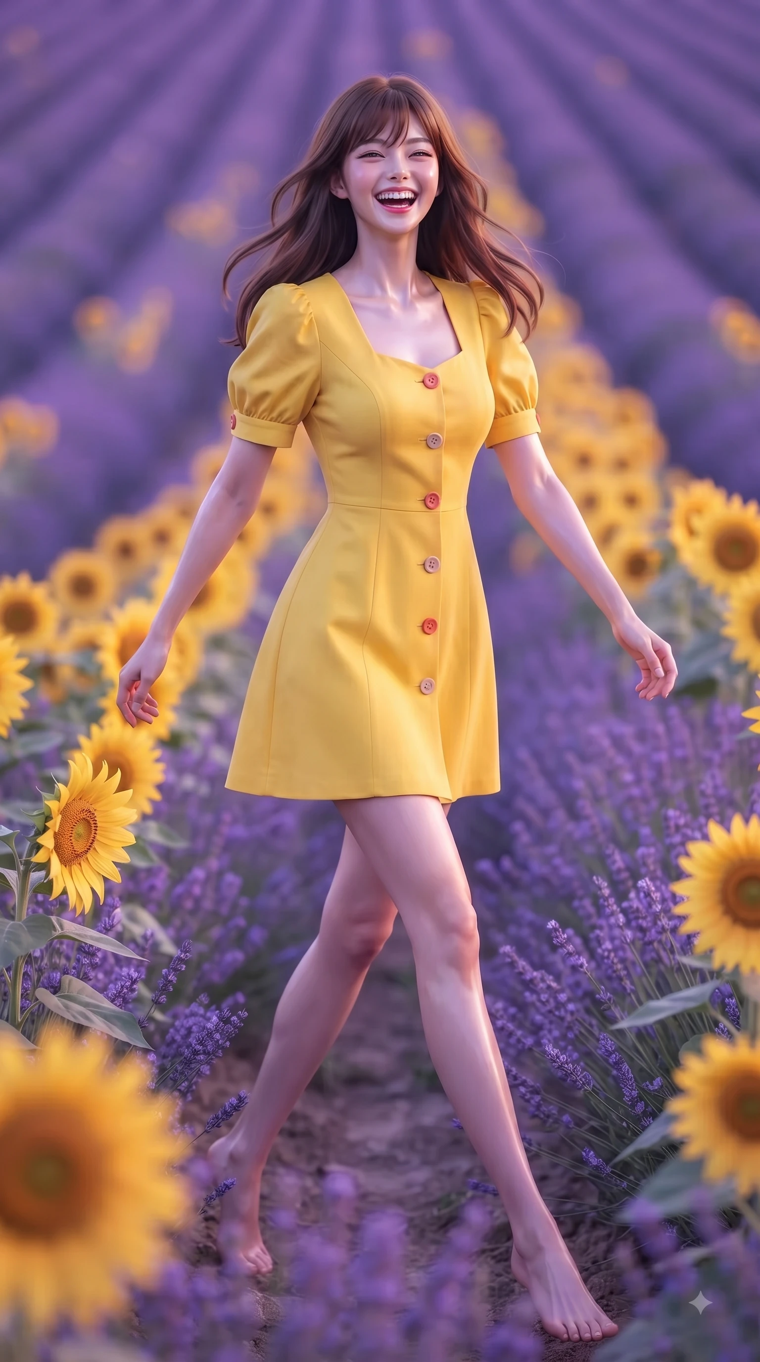 score_9, masterpiece, best quality, ultra-detailed, high-budget anime keyframe, editorial fashion photography, tasteful artistic composition, Korean woman. low angle full-body shot from head to toe showing her feet, filling the entire 9:16 vertical frame with her statuesque presence, stretching her vertical silhouette. Beaming joyful energy with a infectious laughter that brightens the entire composition while pivoting in mid-stride amidst golden sunflowers as dusk light casts a magical purple-gold sky. The composition keeps background elements in soft focus with dreamy bokeh. endless violet lavender rows and golden sunset clouds blurred into dreamy pastel bokeh. She has an absolutely perfect, statuesque 8.5-heads proportion, an exceptionally tall and slender model-like female figure with impossibly long slender legs and an ultra-slim waist. sharp v-shaped jawline, high-bridge nose, intricate jewel-like eyes with depth, thick eyelashes, glossy lips with a natural sheen, flawlessly proportioned anatomical accuracy, natural body alignment, perfectly sculpted elegant limbs, clean dynamic posture without body distortion. wearing a bright canary yellow cotton sundress with short puff sleeves and wooden buttons in vibrant coral red and soft beige, tailored from structured wool crepe with clean lines, finished with gold metallic hardware buttons along the front, the chic fashion cut framing her graceful clavicle and slender torso. illuminated by soft ambient lavender reflections and delicate rim highlights. ultra-reflective glossy finish, specular highlights, metallic sheen, high-contrast stereoscopic depth, volumetric dynamic lighting, 2k, ultra detail, master piece, 9:16 ratio