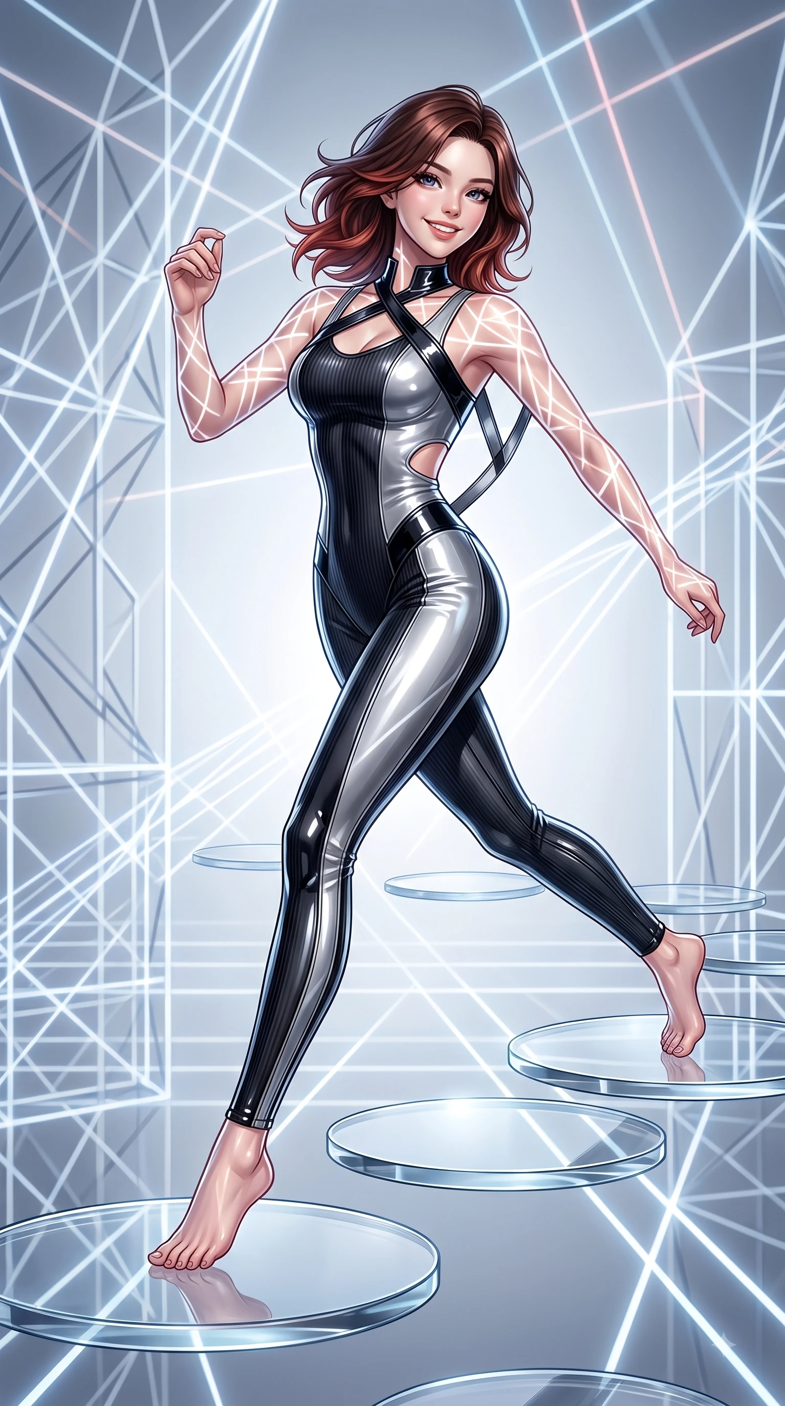 score_9, masterpiece, best quality, ultra-detailed, high-budget anime keyframe, editorial fashion photography, tasteful artistic composition, Korean woman. low angle full-body shot from head to toe showing her feet, filling the entire 9:16 vertical frame with her statuesque presence, stretching her vertical silhouette. stepping forward in a proud dynamic stride with a cheerful beaming smile, her vertical silhouette filling the frame while leaping across a floating glass disk inside a geometric light matrix with a beaming face, intricate geometric lattice patterns of bright light projected onto her skin. She has an absolutely perfect, statuesque 8.5-heads proportion, an exceptionally tall and slender model-like female figure with impossibly long slender legs and an ultra-slim waist. sharp v-shaped jawline, high-bridge nose, intricate jewel-like eyes with depth, thick eyelashes, glossy lips with a natural sheen, flawlessly proportioned anatomical accuracy, natural body alignment, perfectly sculpted elegant limbs, clean dynamic posture without body distortion. wearing a form-fitting ribbed activewear set with elegant collar cutouts in matte black and polished silver, tailored from high-gloss patent leather, complemented by criss-cross back straps highlighting her bare shoulders, the elegant draped fit framing her graceful clavicle and slender torso. bathed in sharp geometric laser grid highlights and soft airy ambient fill. ultra-reflective glossy finish, specular highlights, metallic sheen, high-contrast stereoscopic depth, volumetric dynamic lighting, 2k, ultra detail, master piece, 9:16 ratio