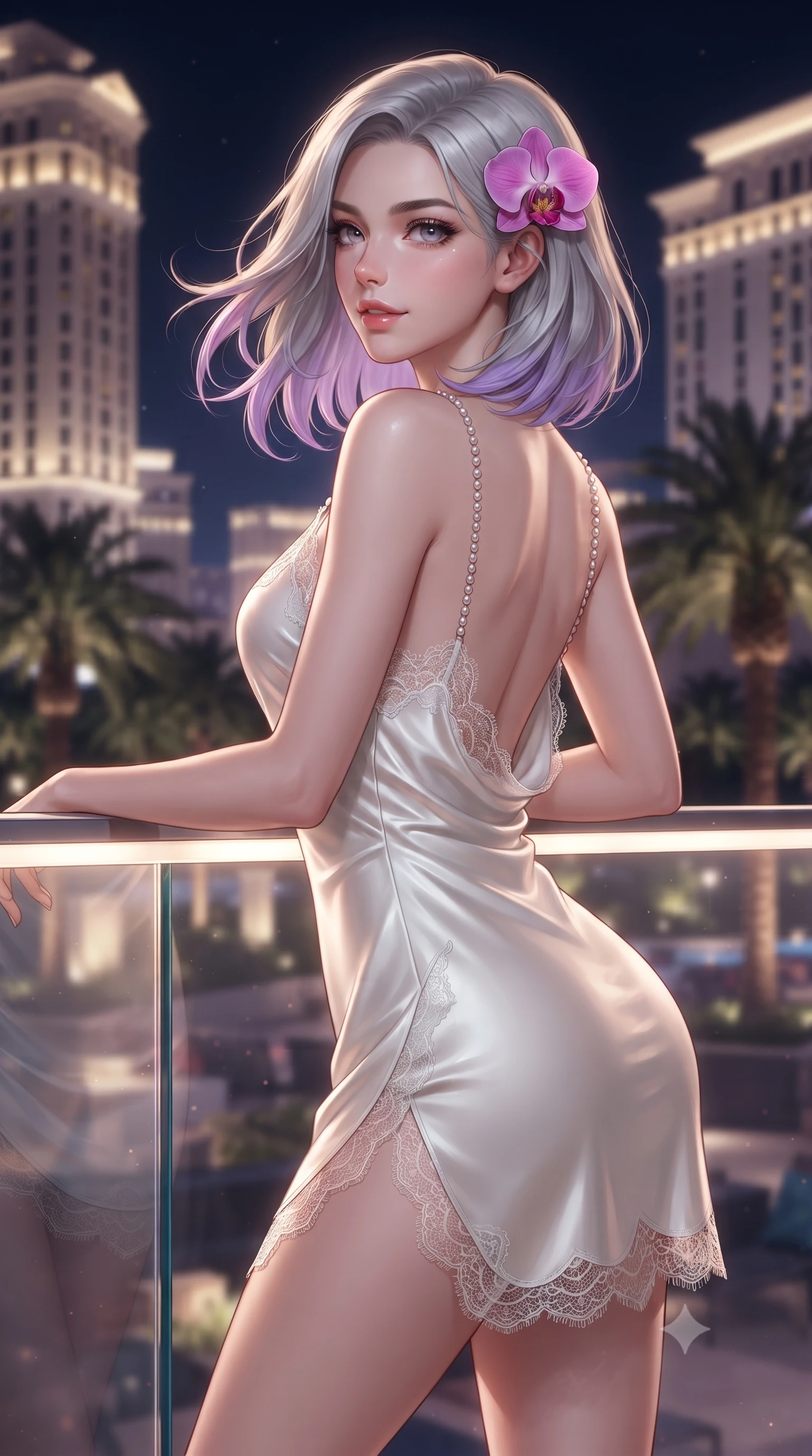 score_9, masterpiece, best quality, ultra-detailed, high-budget anime keyframe, editorial fashion photography, tasteful artistic composition, Caucasian woman. close-up cowboy shot from the waist and thighs up, the character dominates the composition, filling the frame with her large presence. turning slowly with an enchanting smoldering smile, her glossy hair tossing in the breeze as her hips angle gracefully in a captivating contrapposto while leaning against the illuminated glass balustrade with hips cocked back, looking over a bare shoulder toward glittering palatial casino towers. The background shows a soft-focus terrace palm trees softened in glamorous nocturnal resort shallow focus. She has an exceptionally elegant, slender, and willowy female figure with an ultra-slim waist, flat toned midriff, narrow ribcage, and sculpted feminine hips creating an alluring, slim hourglass silhouette without bulk. sharp v-shaped jawline, high-bridge nose, sparkling eyes with hypnotic seductive depth, thick curled eyelashes, glossy parted lips with a natural dewy peach sheen, alluring bedroom-eyes with an enchanting coquettish smile, exuding magnetic siren charisma and sophisticated glamour, flawlessly proportioned anatomical accuracy, strict slender model proportions, natural body alignment, perfectly sculpted long slender limbs, ultra-slim waistline, clean dynamic posture without body distortion. wearing a low-cut draped cowl-back satin slip mini dress with dainty pearl spaghetti straps and hip-hugging cut in pure pearl alabaster with liquid platinum sheen, made of delicate semi-sheer French Chantilly lace with intricate eyelash edges, accented with a fresh-bloomed exotic magenta orchid tucked gracefully into her dark glossy hair, the high-slit wrap tailoring accentuating her ultra-slim waistline and the enchanting curve of her feminine hips with alluring seductive charm. illuminated by city neon reflection bounce and sharp platinum-gold rim lights defining her delicate clavicles, narrow waist, and curvy hips. ultra-reflective glossy finish, specular highlights, rich textural contrasts, high-contrast stereoscopic depth, volumetric dynamic lighting, 2k, ultra detail, master piece, 9:16 ratio