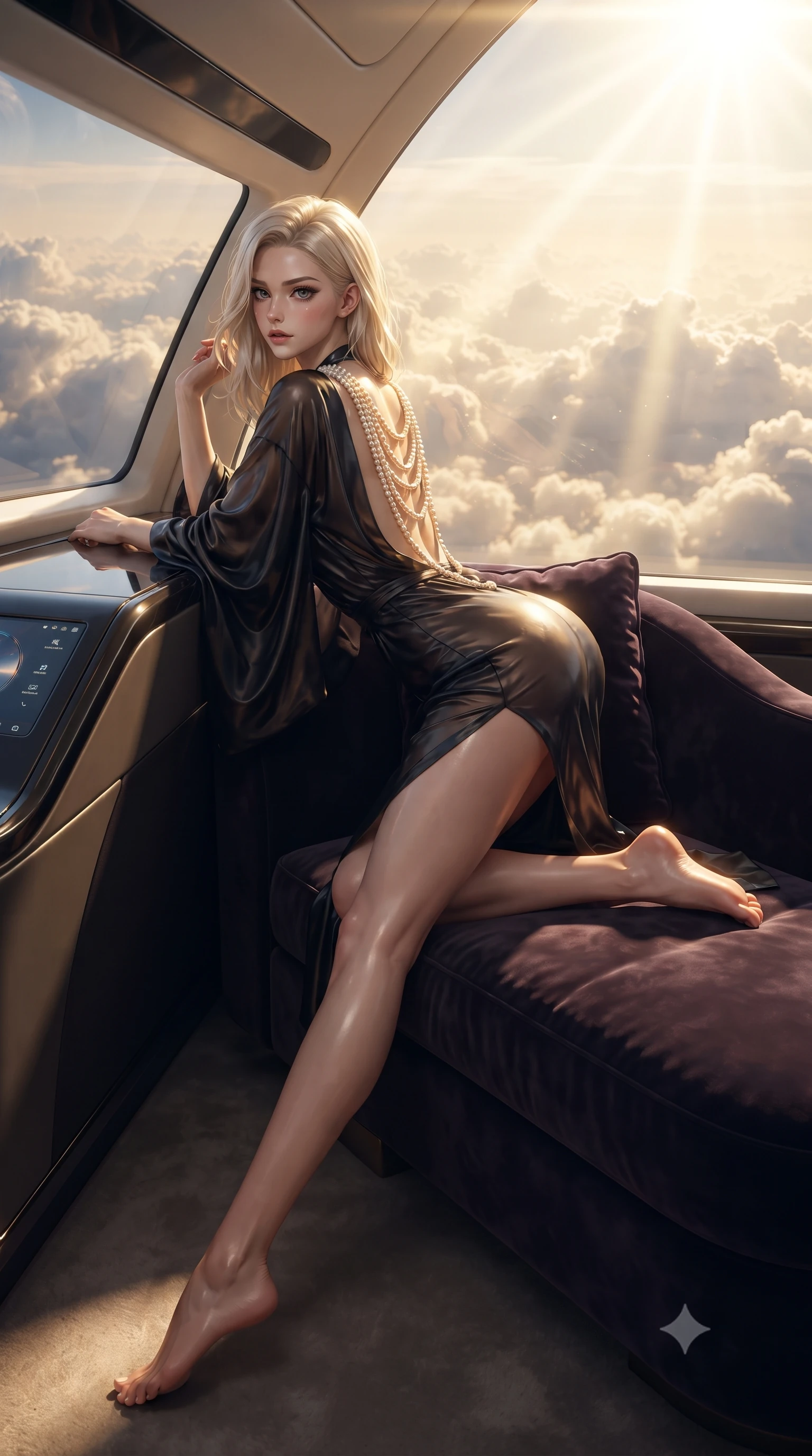 score_9, masterpiece, best quality, ultra-detailed, high-budget anime keyframe, editorial fashion photography, tasteful artistic composition, Caucasian woman. low angle full-body shot from head to toe showing her feet, filling the entire 9:16 vertical frame with her statuesque presence, stretching her vertical silhouette. reclining on her side in an elegant Cleopatra pose with one knee drawn up, the dramatic contour of her rounded hips and long slender legs commanding the 9:16 vertical frame while leaning against the panoramic aircraft glass console with hips cocked back, looking over her shoulder with an audacious, high-altitude jet-set smile. The surrounding environment is rendered in vivid detail and crisp panoramic clarity. detailed silk gown drape, warm sun glints on skin, and stratospheric cloud texture in high resolution. She has an exceptionally tall and slender model-like 8.5-heads proportion, an ultra-slim waist, a flat toned midriff, narrow delicate ribcage, and beautifully sculpted feminine hips creating a graceful, slim hourglass silhouette without any bulky heaviness, with impossibly long slender legs. sharp v-shaped jawline, high-bridge nose, intricate jewel-like eyes with depth, thick eyelashes, glossy parted lips with a natural sheen, intensely captivating and seductive bedroom-eyes expression, flawlessly proportioned anatomical accuracy, strict slender model proportions, natural body alignment, perfectly sculpted long slender limbs, ultra-slim waistline, clean dynamic posture without body distortion. wearing a delicate semi-translucent silk yukata that clings to her wet skin and curvy hip contours in midnight obsidian black and liquid gold, made of fluid silk crepe with delicate inner corsetry boning, accented with a multi-strand pearl back necklace cascading down her bare spine to her hips, the liquid-tight tailored fabric clinging flawlessly to her narrow waist and rounded feminine hips, emphasizing every millimeter of her sculpted slim hourglass curves without any bulky heaviness. bathed in glorious golden hour stratospheric sunbeams filtering through the glass canopy. ultra-reflective glossy finish, specular highlights, rich textural contrasts, high-contrast stereoscopic depth, volumetric dynamic lighting, 2k, ultra detail, master piece, 9:16 ratio