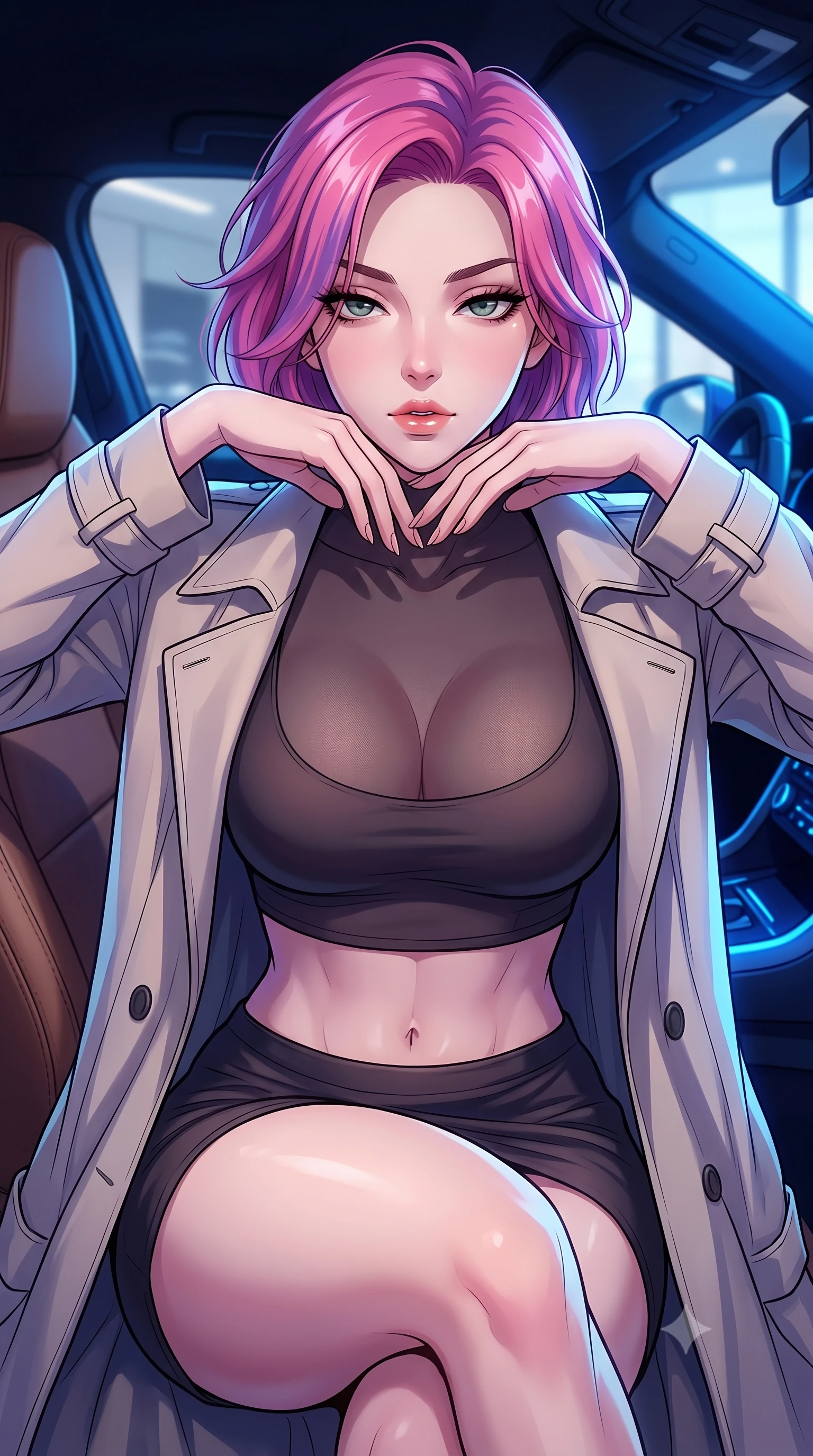 score_9, masterpiece, best quality, ultra-detailed, high-budget anime keyframe, tasteful artistic composition, Caucasian woman. close-up cowboy shot from the waist and thighs up, the character dominates the composition, filling the frame with her large presence, background elements kept in soft focus. resting her chin on the backs of her fingers, casting a heavy-lidded, sultry look past the camera the background shows a soft-focus the leather seat interior of a luxury sports car parked inside a modern showroom. She has an exceptionally elegant, slender, and willowy female figure with an ultra-slim waist, a gracefully sculpted slender torso, and a refined silhouette. sharp v-shaped jawline, high-bridge nose, intricate jewel-like eyes with depth, thick eyelashes, glossy lips with a natural sheen. wearing a form-contouring semi-opaque dark mesh crop top paired with a mini skirt, layered with a tailored light trench coat. dramatic blue dashboard lights highlighting the contours of her athletic build. highly saturated vibrant anime colors, cel-shading, 2d style, master piece, 9:16 ratio
