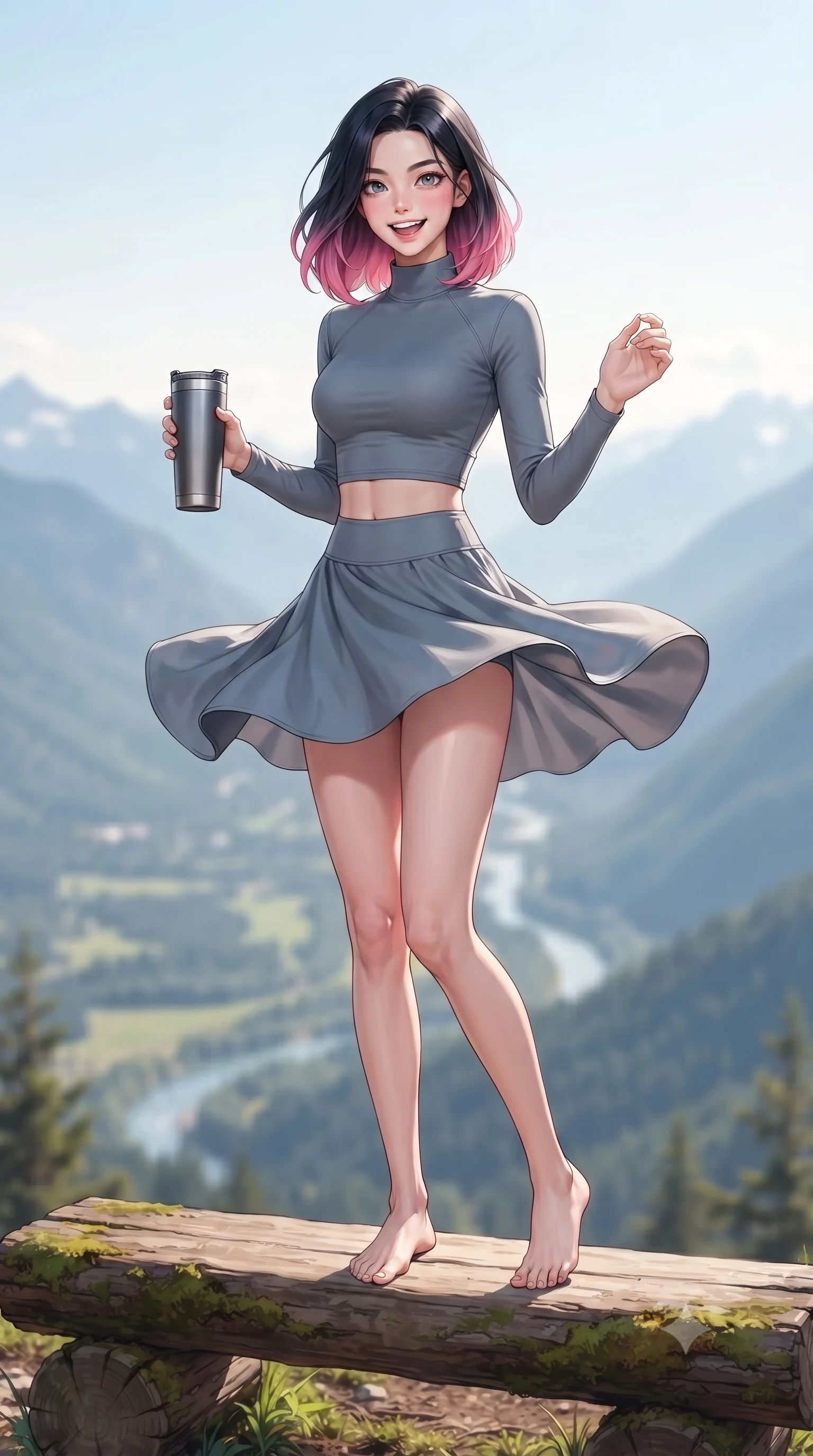 score_9, masterpiece, best quality, ultra-detailed, high-budget anime keyframe, editorial fashion photography, tasteful artistic composition, Korean woman. low angle full-body shot from head to toe showing her feet, filling the entire 9:16 vertical frame with her statuesque presence, stretching her vertical silhouette. twirling around with a playful, cute laugh, her skirt billowing beautifully in the air set against a soft-focus background of sitting on a rustic log bench overlooking a panoramic mountain valley holding a travel tumbler with a bright, active grin. She has an absolutely perfect, statuesque 8.5-heads proportion, an exceptionally tall and slender model-like female figure with impossibly long slender legs and an ultra-slim waist. sharp v-shaped jawline, high-bridge nose, intricate jewel-like eyes with depth, thick eyelashes, glossy lips with a natural sheen. wearing form-contouring form-fitting activewear top in slate grey, outlining her slender torso. crisp midday sunlight creating clean, sharp contours on her active outfit. highly saturated vibrant anime colors, detailed shading with soft gradients, rich glossy textures, high-contrast stereoscopic depth, volumetric dynamic lighting, master piece, 9:16 ratio