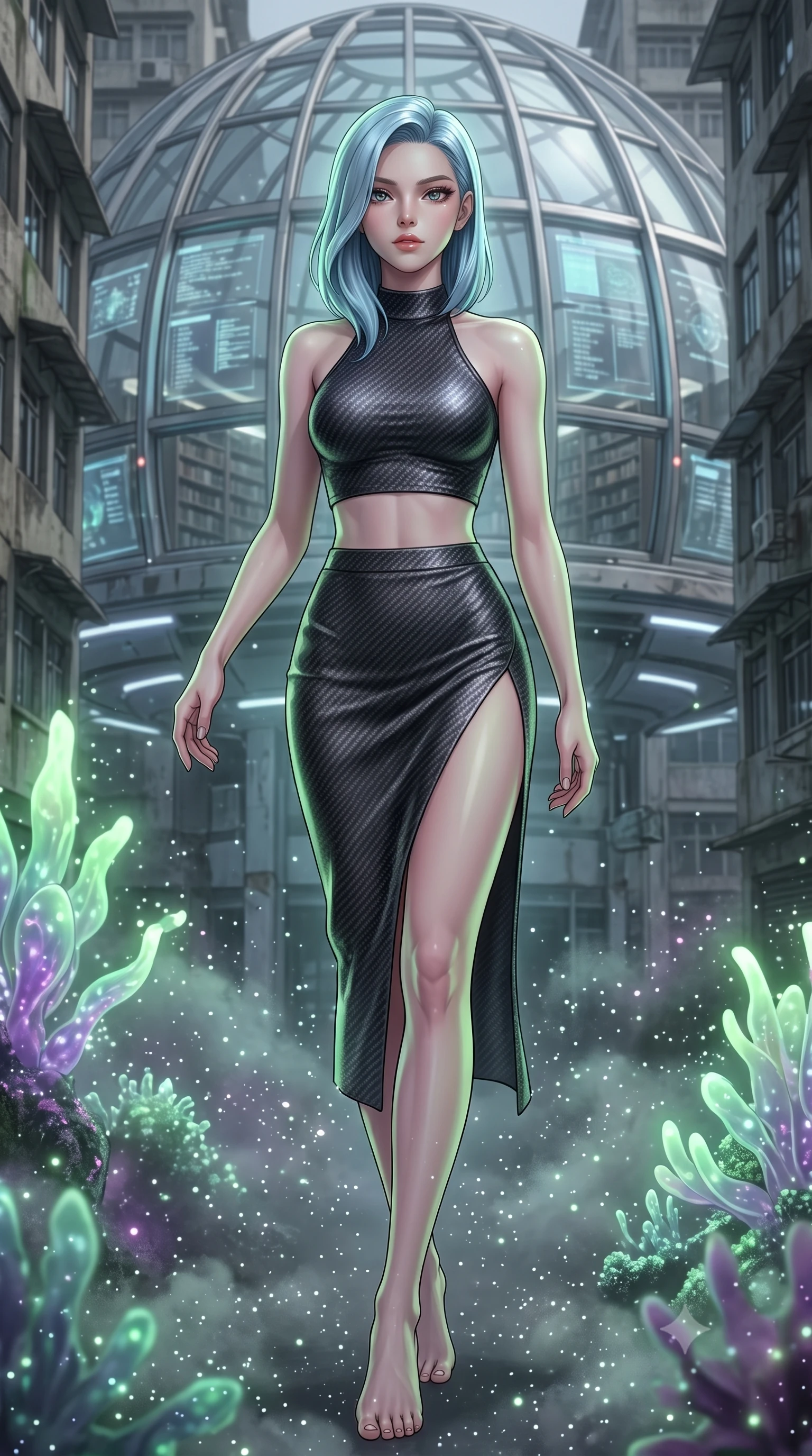 score_9, masterpiece, best quality, ultra-detailed, high-budget anime keyframe, editorial fashion photography, tasteful artistic composition, Korean woman. low angle full-body shot from head to toe showing her feet, filling the entire 9:16 vertical frame with her statuesque presence, stretching her vertical silhouette. stepping gracefully through floating stardust particles, her body-contouring suit showing her athletic, slender silhouette, the background shows a soft-focus a cybernetic library dome hidden between concrete tenements. She has an absolutely perfect, statuesque 8.5-heads proportion, an exceptionally tall and slender model-like female figure with impossibly long slender legs and an ultra-slim waist. sharp v-shaped jawline, high-bridge nose, intricate jewel-like eyes with depth, thick eyelashes, glossy lips with a natural sheen. wearing a slim-fit carbon-fiber halter-neck crop top paired with a matching high-slit midi skirt, revealing her slim waist. soft green and purple bioluminescent plant glow casting an organic, eerie wash. highly saturated vibrant anime colors, detailed shading with soft gradients, rich glossy textures, high-contrast stereoscopic depth, volumetric dynamic lighting, master piece, 9:16 ratio