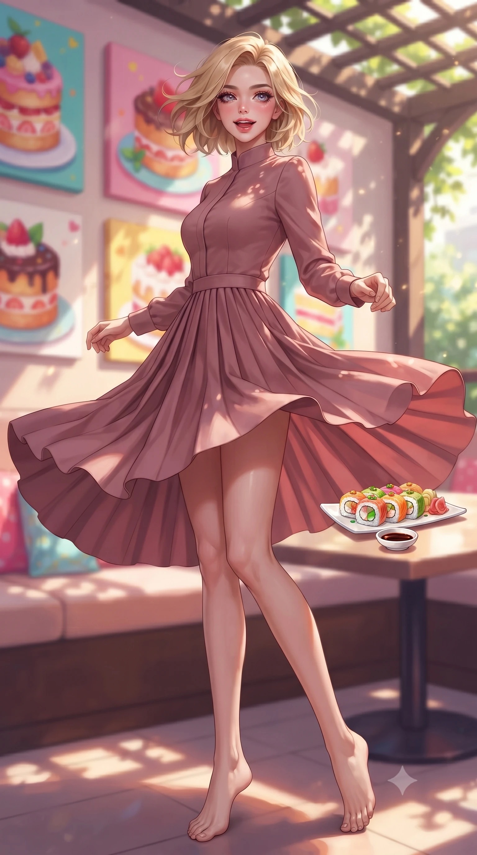 score_9, masterpiece, best quality, ultra-detailed, high-budget anime keyframe, editorial fashion photography, tasteful artistic composition, Caucasian woman. low angle full-body shot from head to toe showing her feet, filling the entire 9:16 vertical frame with her statuesque presence, stretching her vertical silhouette. twirling around with a playful, cute laugh, her skirt billowing beautifully in the air set against a soft-focus background of in a cozy dessert cafe corner decorated with colorful cake paintings with a plate of colorful sushi rolls and a small dish of soy sauce on the table. She has an absolutely perfect, statuesque 8.5-heads proportion, an exceptionally tall and slender model-like female figure with impossibly long slender legs and an ultra-slim waist. sharp v-shaped jawline, high-bridge nose, intricate jewel-like eyes with depth, thick eyelashes, glossy lips with a natural sheen. wearing tailored lovely long-sleeve midi dress in dusty rose, featuring a high collar and pleated skirt. dappled sunlight filtering through the outdoor trellis onto her shoulders. highly saturated vibrant anime colors, detailed shading with soft gradients, rich glossy textures, high-contrast stereoscopic depth, volumetric dynamic lighting, master piece, 9:16 ratio