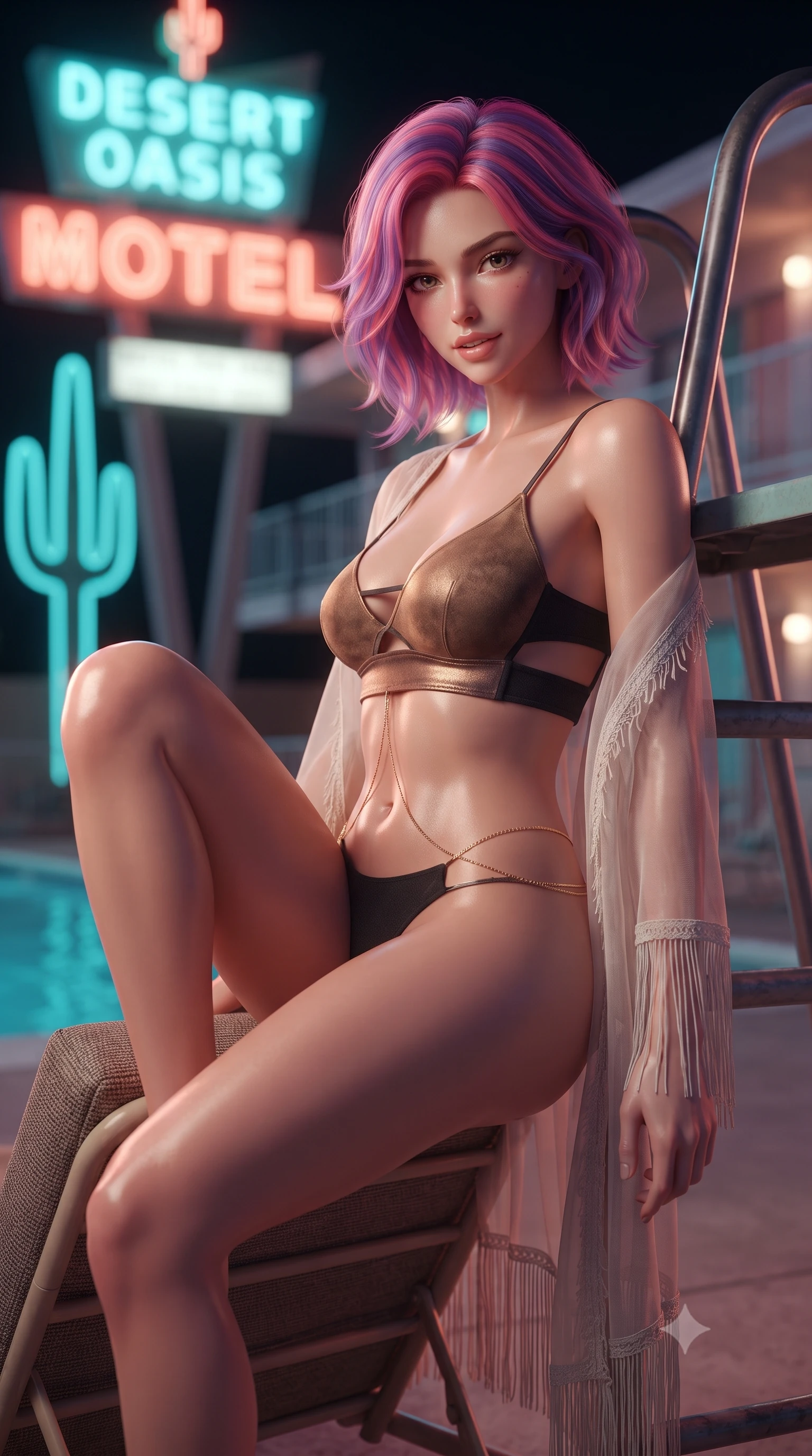 score_9, masterpiece, best quality, ultra-detailed, high-budget anime keyframe, editorial fashion photography, tasteful artistic composition, Caucasian woman. close-up cowboy shot from the waist and thighs up, the character dominates the composition, filling the frame with her large presence. perched sideways on the lounge seat, one knee drawn up to showcase her slender leg line while her arched back accentuates her feminine hip curve while leaning against the vintage motel diving board ladder with arching back, looking into the camera with an alluring, parted-lip smile. The background shows a soft-focus glowing neon motel sign letters, towering saguaro silhouettes, and motel balcony railings blurred into turquoise, coral, and violet bokeh. She has an exceptionally elegant, slender, and willowy female figure with an ultra-slim waist, flat toned midriff, narrow ribcage, and sculpted feminine hips creating an alluring, slim hourglass silhouette without bulk. sharp v-shaped jawline, high-bridge nose, sparkling eyes with hypnotic seductive depth, thick curled eyelashes, glossy parted lips with a natural dewy peach sheen, alluring bedroom-eyes with an enchanting coquettish smile, exuding magnetic siren charisma and sophisticated glamour, flawlessly proportioned anatomical accuracy, strict slender model proportions, natural body alignment, perfectly sculpted long slender limbs, ultra-slim waistline, clean dynamic posture without body distortion. wearing a delicate sheer chiffon western duster robe slipping off bare shoulders over a matching strappy suede bralette in metallic liquid bronze and Mojave obsidian black, made of semi-opaque stretch illusion mesh with soft shadowy contours, accented with a dainty gold belly chain resting across her flat midriff and curving hips, the precision-cut side openings and low-back scoop framing her graceful spine and the sensual sweep of her slim, toned hips. bathed in glowing neon coral-and-cyan light radiating from the vintage roadside motel sign. ultra-reflective glossy finish, specular highlights, rich textural contrasts, high-contrast stereoscopic depth, volumetric dynamic lighting, 2k, ultra detail, master piece, 9:16 ratio