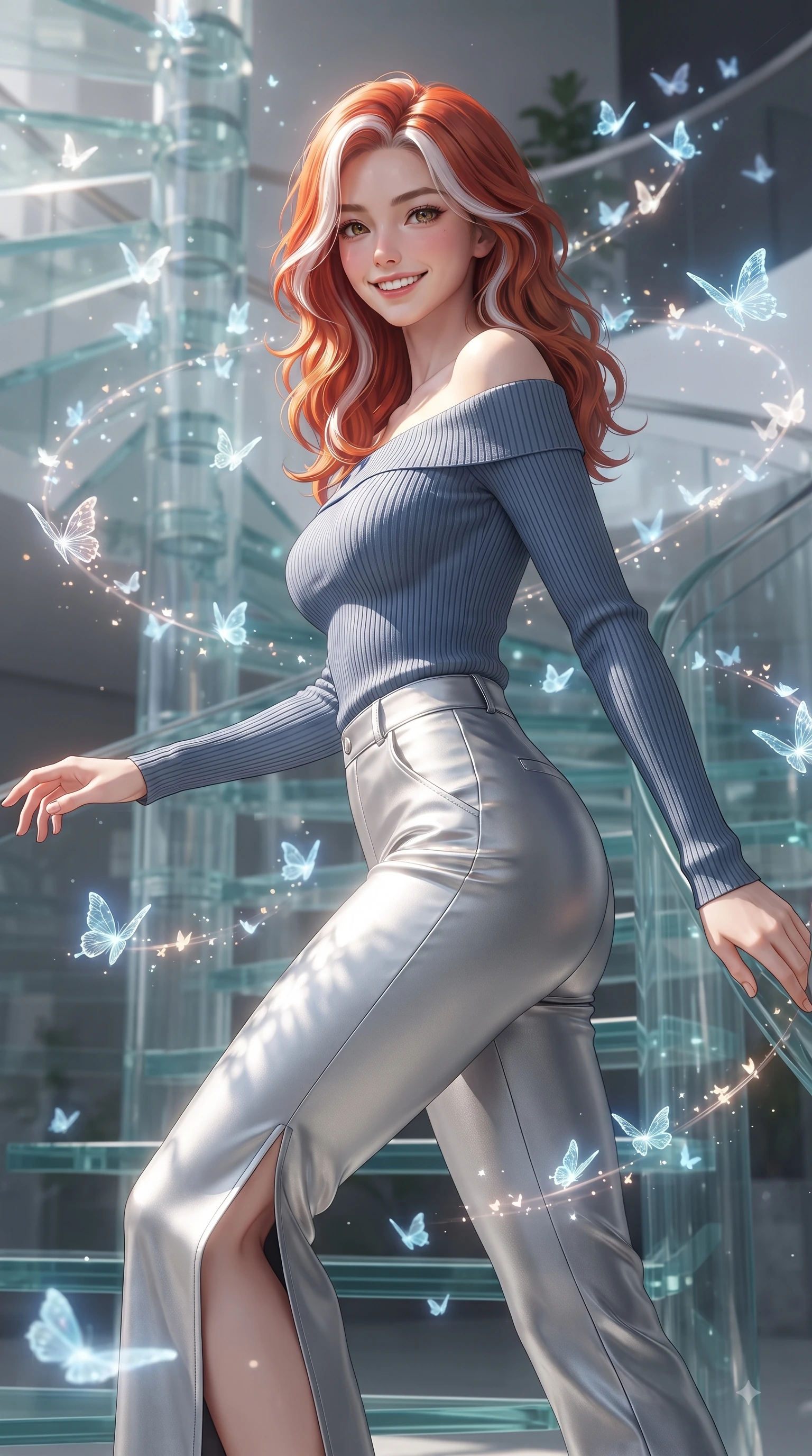 score_9, masterpiece, best quality, ultra-detailed, high-budget anime keyframe, editorial fashion photography, tasteful artistic composition, Caucasian woman. close-up cowboy shot from the waist and thighs up, the character dominates the composition, filling the frame with her large presence, background elements kept in soft focus. Gazing directly into the camera with a joyful, infectious smile as her torso curves dynamically in mid-stride while ascending a vertical glass spiral staircase with a cheerful beaming expression, hundreds of bioluminescent glass butterflies fluttering around her in cheerful light trails. She has an exceptionally elegant, slender, and willowy female figure with an ultra-slim waist, a gracefully sculpted slender torso, and a refined silhouette. sharp v-shaped jawline, high-bridge nose, intricate jewel-like eyes with depth, thick eyelashes, glossy lips with a natural sheen, flawlessly proportioned anatomical accuracy, natural body alignment, perfectly sculpted elegant limbs, clean dynamic posture without body distortion. wearing a sleek off-shoulder ribbed knit top paired with high-waist tailored pants in slate blue and metallic silver, formed from sleek second-skin neoprene, finished with a sleek side slit ascending to mid-thigh, the sleek second-skin texture accentuating her magnetic presence. illuminated by brilliant sunbeams casting cheerful organic leaf stencil shadows. ultra-reflective glossy finish, specular highlights, metallic sheen, high-contrast stereoscopic depth, volumetric dynamic lighting, 2k, ultra detail, master piece, 9:16 ratio