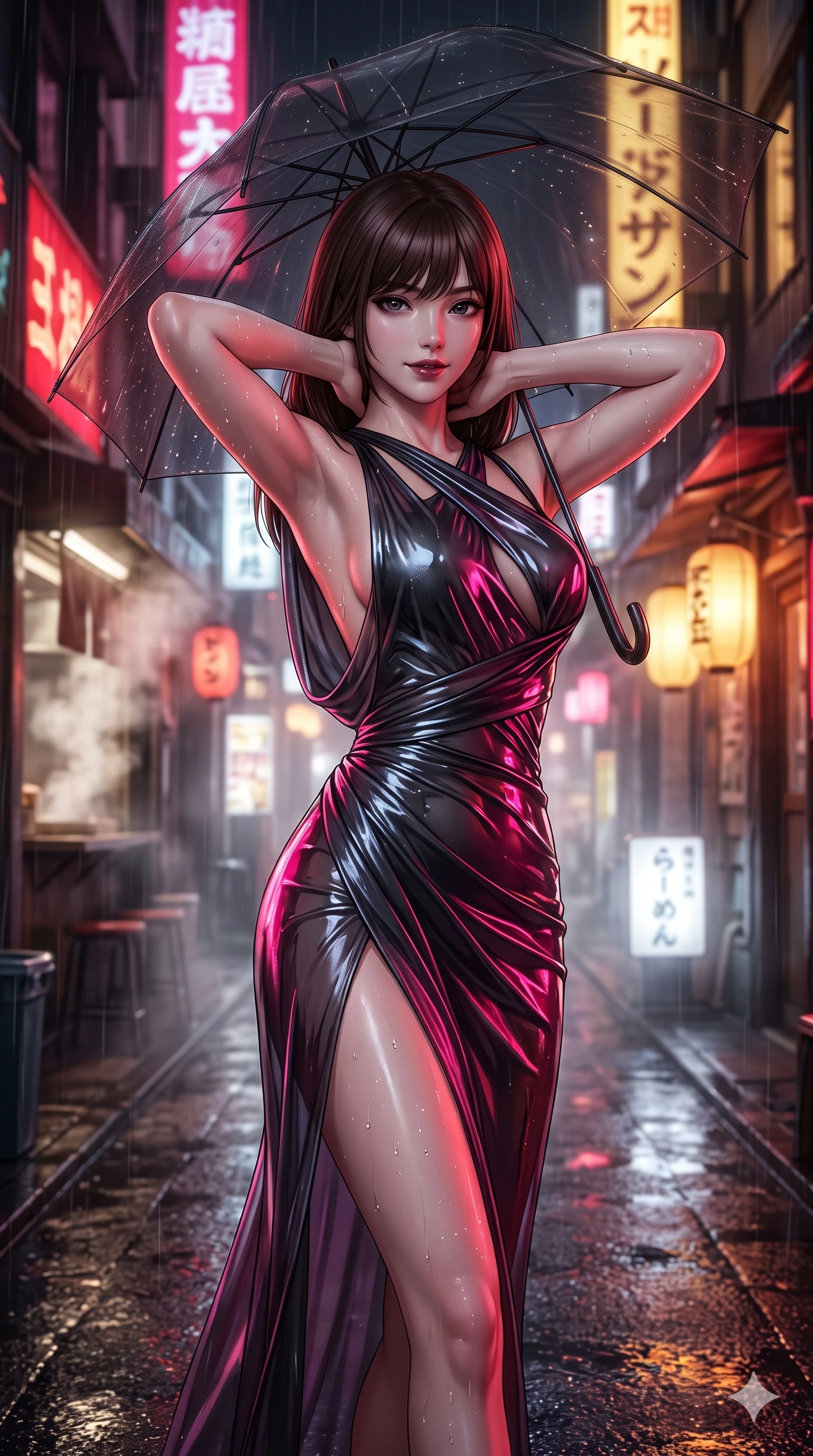 score_9, masterpiece, best quality, ultra-detailed, high-budget anime keyframe, semi-realistic 3D game render, editorial fashion photography, tasteful artistic composition, Korean woman. close-up cowboy shot from the waist and thighs up, the character dominates the composition, filling the frame with her large presence. resting both hands lightly behind her neck with elbows raised, arching her spine to highlight her narrow waist, flat midriff, and breathtaking collarbones while walking dynamically down the glistening wet asphalt alley beneath a translucent black umbrella, hips swaying gracefully in a captivating supermodel rhythm. The background shows a soft-focus steaming noodle bar vents and wet Tokyo alley facades softened in rainy night shallow focus. She has an exceptionally elegant, slender, and willowy female figure with an ultra-slim waist, flat toned midriff, narrow ribcage, and sculpted feminine hips creating an alluring, slim hourglass silhouette without bulk. sharp v-shaped jawline, high-bridge nose, intricate jewel-like dark sparkling eyes with dangerous depth, thick curled eyelashes, glossy parted lips with a rich wine sheen, smoldering seductive half-smile with bedroom-eyes, exuding effortless superiority and intoxicating dark allure, flawlessly proportioned anatomical accuracy, strict slender model proportions, natural body alignment, perfectly sculpted long slender limbs, ultra-slim waistline, clean dynamic posture without body distortion. wearing a form-contouring gossamer silk chiffon slip dress with a hip-high slit and open cowl back clinging with rain-dew in wet asphalt charcoal and neon magenta reflections, crafted from wet-look high-gloss vinyl fabric with dazzling specular surface reflections, finished with glistening rain droplets beading across her sculpted shoulders and flat midriff, the high-slit wrap tailoring accentuating her ultra-slim waistline and the enchanting curve of her feminine hips with alluring seductive charm. bathed in intense saturated crimson and warm gold neon underlights contrasting with dark rain-soaked shadow tones. highly saturated vibrant anime colors, detailed shading with soft gradients, rich glossy textures, high-contrast stereoscopic depth, volumetric dynamic lighting, master piece, 9:16 ratio