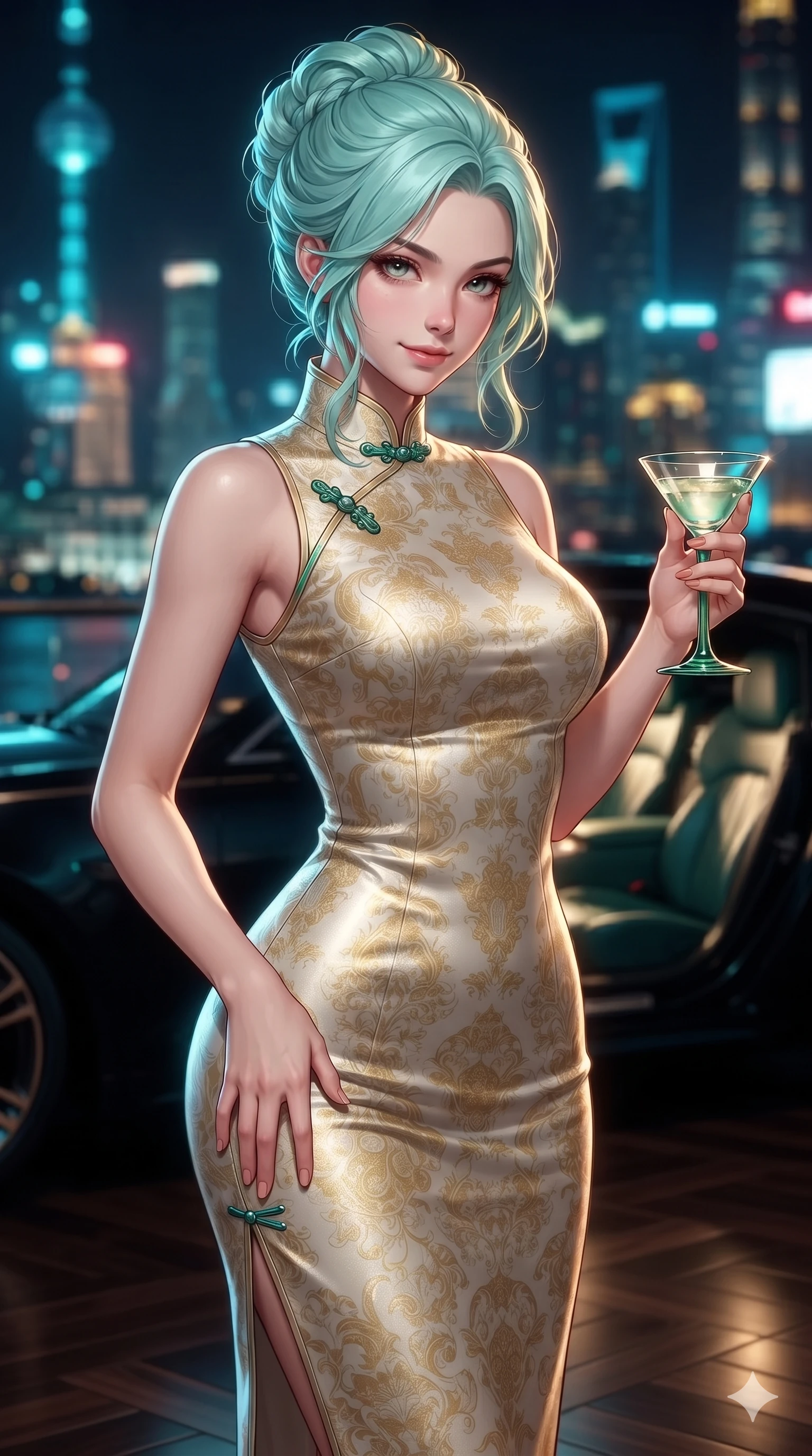 score_9, masterpiece, best quality, ultra-detailed, high-budget anime keyframe, editorial fashion photography, tasteful artistic composition, Japanese woman. close-up cowboy shot from the waist and thighs up, the character dominates the composition, filling the frame with her large presence. tilting her head with a teasing half-smile, running one hand slowly down the side of her hip in a flirtatious S-curve as ambient light caresses her silhouette while standing poised on the high-gloss parquet terrace, twisting her slender torso in an alluring S-curve while holding a jade-stemmed glass as river breezes whip her dress. The surrounding environment is rendered in vivid detail and crisp panoramic clarity: rich high-contrast Shanghai modern noir chiaroscuro and ultra-luxury Oriental grand touring aesthetics in precision. She has an exceptionally elegant, slender, and willowy female figure with an ultra-slim waist, flat toned midriff, narrow ribcage, and sculpted feminine hips creating an alluring, slim hourglass silhouette without bulk. sharp v-shaped jawline, high-bridge nose, intricate jewel-like sparkling eyes with depth, thick eyelashes, glossy parted lips with a natural sheen, intensely captivating and seductive bedroom-eyes expression, exuding both youthful cute charm and sovereign luxury allure, flawlessly proportioned anatomical accuracy, strict slender model proportions, natural body alignment, perfectly sculpted long slender limbs, ultra-slim waistline, clean dynamic posture without body distortion. wearing a form-fitting liquid mercury jersey evening dress clinging smoothly to her narrow waist and rounded hips in Istrian stone cream and antique gold-leaf, made of fluid liquid jersey with seamless sculpting hold and smooth contours, finished with sleek jade frog closures glinting along her high collar, the impeccably tailored cut draping gracefully along her slender figure with aristocratic poise. illuminated by terrace parquet bounce and sharp neon-cyan rim lights sculpting her razor-sharp jawline, narrow waist, and curvy hips. ultra-reflective glossy finish, specular highlights, rich textural contrasts, high-contrast stereoscopic depth, volumetric dynamic lighting, 2k, ultra detail, master piece, 9:16 ratio