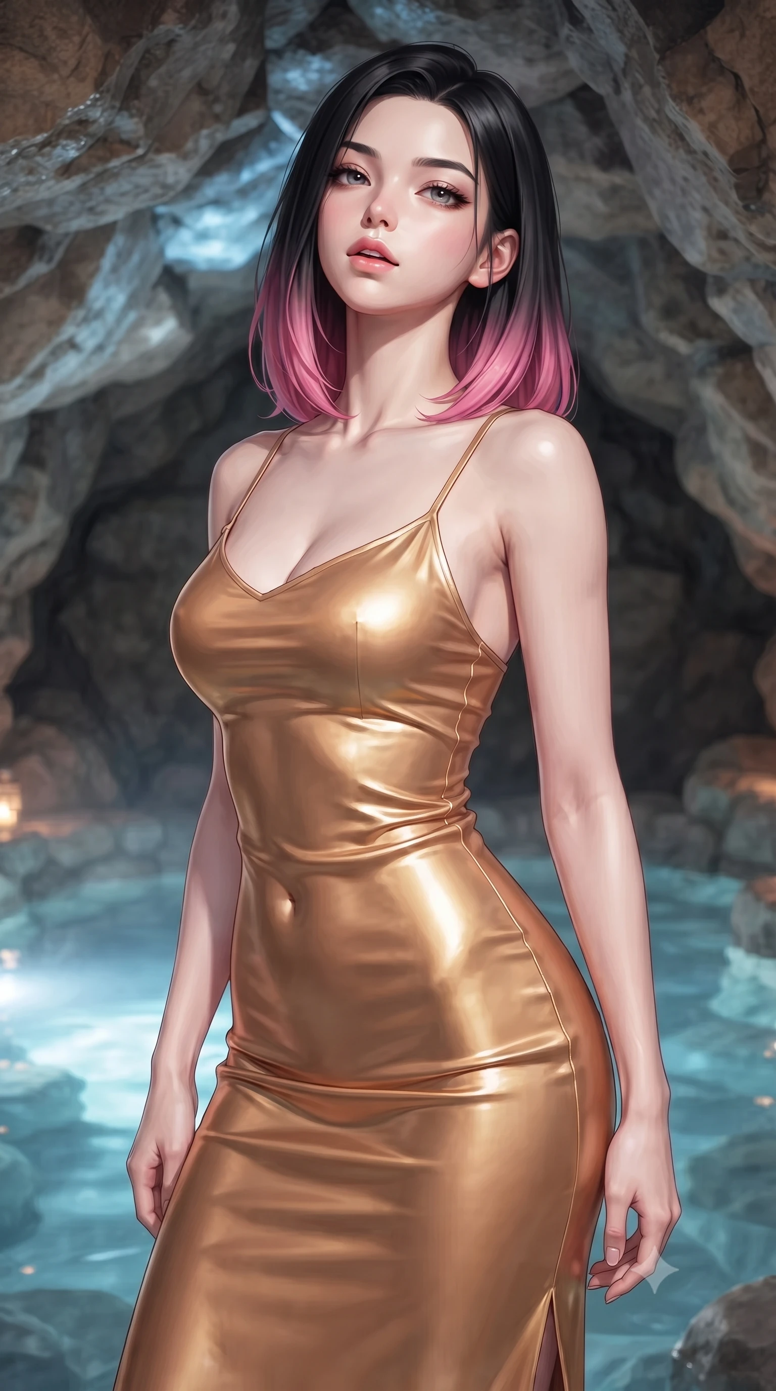 score_9, masterpiece, best quality, ultra-detailed, high-budget anime keyframe, editorial fashion photography, tasteful artistic composition, Korean woman woman. close-up cowboy shot from the waist and thighs up, the character dominates the composition, filling the frame with her large presence, background elements kept in soft focus. tilting her chin up slightly with lips parted in a composed, provocative expression the background shows a soft-focus a private stone bath pool built inside a natural rock cave with clear mineral water. She has an exceptionally elegant, slender, and willowy female figure with an ultra-slim waist, a gracefully sculpted slender torso, and a refined silhouette. sharp v-shaped jawline, high-bridge nose, intricate jewel-like eyes with depth, thick eyelashes, glossy lips with a natural sheen. wearing a tailored body-hugging liquid silk slip dress in sunset gold, clinging to her slender waist and hips. soft blue light reflecting from the pool water onto the rocky cave ceiling. ultra-reflective glossy finish, specular highlights, metallic sheen, high-contrast stereoscopic depth, volumetric dynamic lighting, 2k, ultra detail, master piece, 9:16 ratio