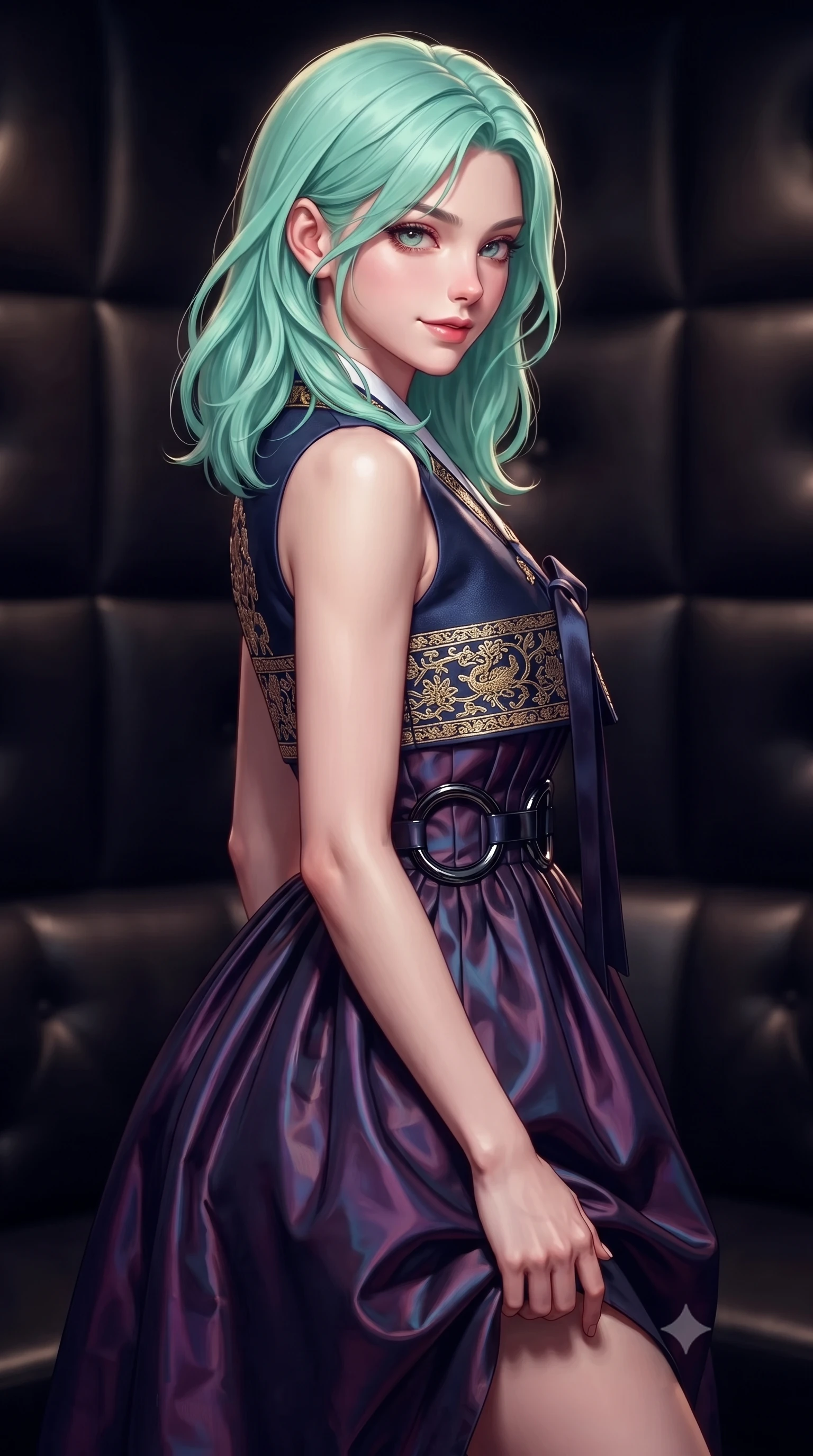 score_9, masterpiece, best quality, ultra-detailed, high-budget anime keyframe, editorial fashion photography, tasteful artistic composition, Japanese woman. close-up cowboy shot from the waist and thighs up, the character dominates the composition, filling the frame with her large presence, background elements kept in soft focus. Glancing sidelong over her shoulder with a smoldering, enigmatic half-smile, standing in a private high-fashion lounge with dark padded leather walls, glove-like fit latex bodycon dress catching razor-sharp specular highlights. She has an exceptionally elegant, slender, and willowy female figure with an ultra-slim waist, a gracefully sculpted slender torso, and a refined silhouette. sharp v-shaped jawline, high-bridge nose, intricate jewel-like eyes with depth, thick eyelashes, glossy lips with a natural sheen. wearing modern fusion white hanbok dress with structured gold-embroidered bodice in midnight navy blue, made of iridescent dark violet taffeta, accented with sculpted obsidian chrome rings at the waist, contouring every curve with an exceptionally elegant silhouette. lit by dramatic spotlighting highlighting her athletic contours. highly saturated vibrant anime colors, detailed shading with soft gradients, rich glossy textures, high-contrast stereoscopic depth, volumetric dynamic lighting, master piece, 9:16 ratio