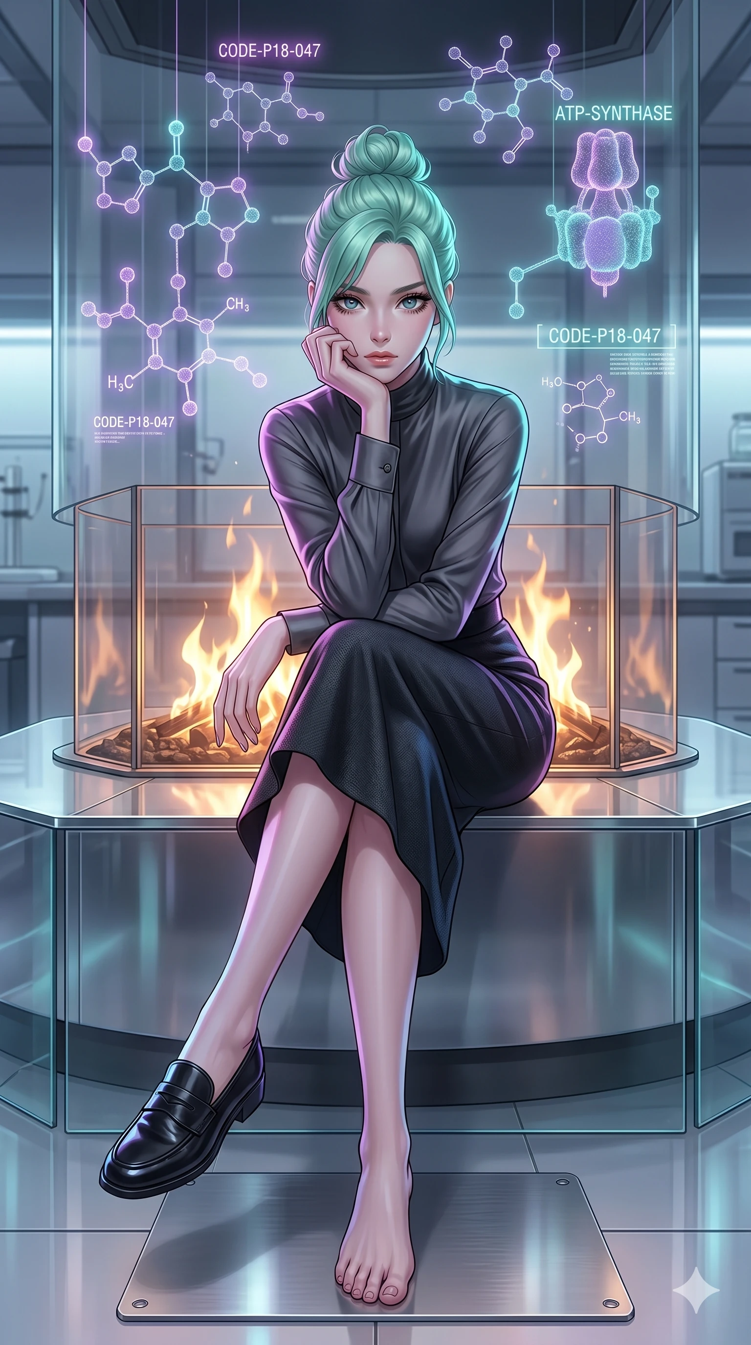 score_9, masterpiece, best quality, ultra-detailed, high-budget anime keyframe, editorial fashion photography, tasteful artistic composition, Japanese woman. low angle full-body shot from head to toe showing her feet, filling the entire 9:16 vertical frame with her statuesque presence, stretching her vertical silhouette. sitting near the fire, resting her chin on her hand, looking directly into the camera in a pristine laboratory with suspended holographic molecular structures (Code-P18-047). She has an absolutely perfect 8-heads proportion, an exceptionally tall and slender female figure with impossibly long slender legs and an ultra-slim waist. V-shaped jawline, high-bridge nose, intricate jewel-like eyes with depth, thick eyelashes, glossy lips with a natural sheen. wearing a high-neck tailored silk shirt under a high-waist midi skirt. soft purple and cyan light from the floating organisms, casting a magical aura on her. 2k, ultra detail, master piece, 9:16 ratio