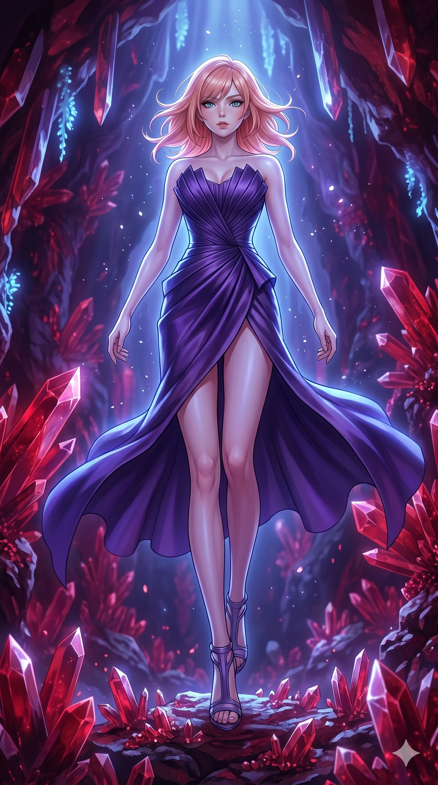 score_9, masterpiece, best quality, ultra-detailed, high-budget anime keyframe, editorial fashion photography, tasteful artistic composition, Japanese woman. low angle full-body shot from head to toe showing her feet, filling the entire 9:16 vertical frame with her statuesque presence, stretching her vertical silhouette. Leaping downward from a height, her body poised for landing with athletic grace inside a cave of glowing red garnet crystals casting dramatic crimson shadows. She has an absolutely perfect 8-heads proportion, an exceptionally tall and slender female figure with impossibly long slender legs and an ultra-slim waist. V-shaped jawline, high-bridge nose, intricate jewel-like eyes with depth, thick eyelashes, glossy lips with a natural sheen. wearing an architectural cocktail dress in deep violet satin with a structured bodice and a high front slit. bathed in a cool, ethereal blue-violet bioluminescent glow that highlights her form from all sides. 2k, ultra detail, master piece, 9:16 ratio