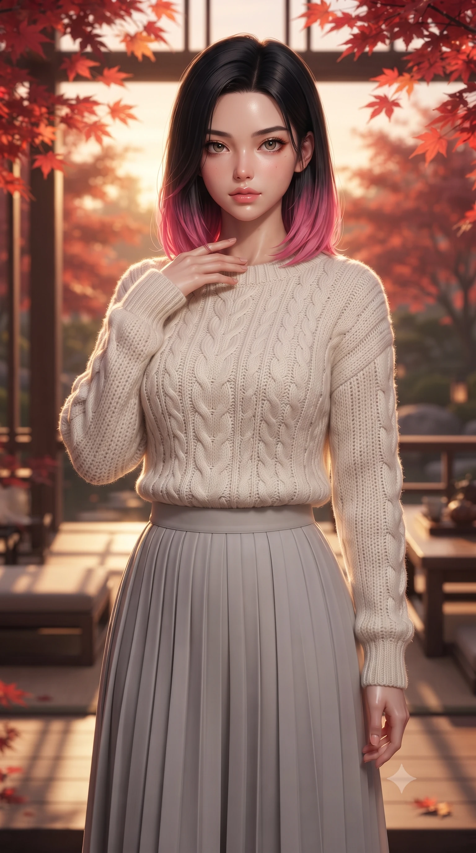 score_9, masterpiece, best quality, ultra-detailed, high-budget anime keyframe, editorial fashion photography, tasteful artistic composition, Korean woman. close-up cowboy shot from the waist and thighs up, the character dominates the composition, filling the frame with her large presence, background elements kept in soft focus. standing with one hand resting on her collarbone, looking at the viewer with bedroom-eyes the background shows a soft-focus a private garden tea deck surrounded by red maple trees at dusk. She has an exceptionally elegant, slender, and willowy female figure with an ultra-slim waist, a gracefully sculpted slender torso, and a refined silhouette. sharp v-shaped jawline, high-bridge nose, intricate jewel-like eyes with depth, thick eyelashes, glossy lips with a natural sheen. wearing a body-hugging cozy cable-knit sweater in ivory, paired with a pleated light grey midi skirt. warm sunset light casting long, clean shadow lines from the garden's architecture. ultra-reflective glossy finish, specular highlights, metallic sheen, high-contrast stereoscopic depth, volumetric dynamic lighting, 2k, ultra detail, master piece, 9:16 ratio