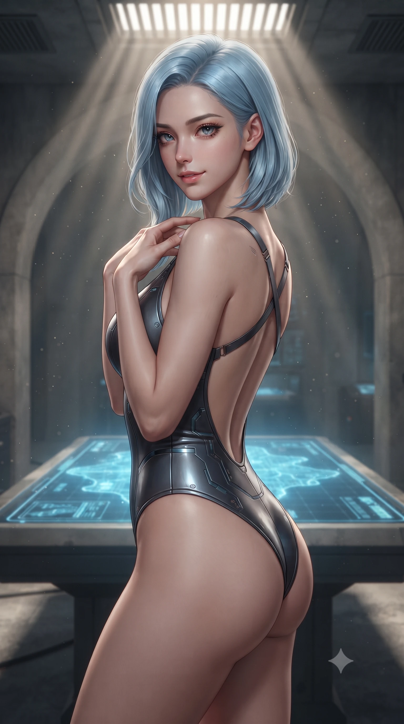 score_9, masterpiece, best quality, ultra-detailed, high-budget anime keyframe, editorial fashion photography, tasteful artistic composition, Korean woman. close-up cowboy shot from the waist and thighs up, the character dominates the composition, filling the frame with her large presence, background elements kept in soft focus. standing in a relaxed, elegant posture with both hands resting lightly on her collarbone, looking at the viewer with bedroom-eyes, the background shows a soft-focus a bunker briefing room with concrete arches and a central hologram table. She has an exceptionally elegant, slender, and willowy female figure with an ultra-slim waist, a gracefully sculpted slender torso, and a refined silhouette. sharp v-shaped jawline, high-bridge nose, intricate jewel-like eyes with depth, thick eyelashes, glossy lips with a natural sheen. wearing a slim-fit low-cut cybernetic bodysuit with open-back design and thin structural straps crossing her bare shoulder blades. volumetric sunbeams slicing through overhead ventilation grates. ultra-reflective glossy finish, specular highlights, metallic sheen, high-contrast stereoscopic depth, volumetric dynamic lighting, 2k, ultra detail, master piece, 9:16 ratio