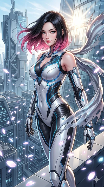 score_9, masterpiece, best quality, ultra-detailed, high-budget anime keyframe, semi-realistic 3D game render, Korean woman. Upper body close-up from the thighs up, character filling the screen for maximum presence. She is standing on the edge of a s