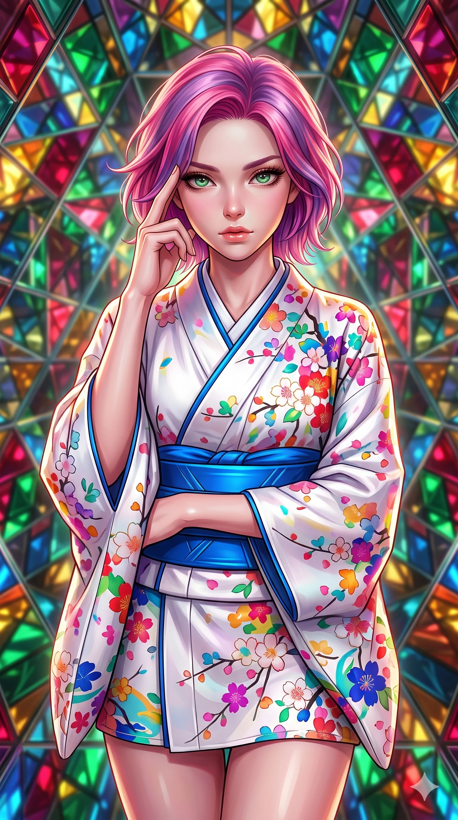 score_9, masterpiece, best quality, ultra-detailed, high-budget anime keyframe, editorial fashion photography, tasteful artistic composition, Caucasian woman, strictly human ears. close-up cowboy shot from the waist and thighs up, the character dominates the composition, filling the frame with her large presence, background elements kept in soft focus. Pressing two fingers to her temple in a composed thoughtful gesture. set against a soft-focus background of walking through the interior of a building-sized kaleidoscope where angled mirrors multiply geometric patterns of colored glass into infinite symmetrical fractals stretching in every direction. She has an exceptionally elegant and slender, willowy female figure with an ultra-slim waist, a gracefully sculpted slender torso, and a refined slim physique. sharp v-shaped jawline, high-bridge nose, intricate jewel-like eyes with depth, thick eyelashes, glossy lips with a natural sheen. wearing a modernized cyber-kimono in white silk with a vibrant multi-colored sakura print, bound by an electric-blue structured obi belt. intensely saturated light from colored glass elements reflecting and multiplying in the mirrors creating an overwhelming symphony of ruby emerald sapphire and amber light. 2k, ultra detail, master piece, 9:16 ratio