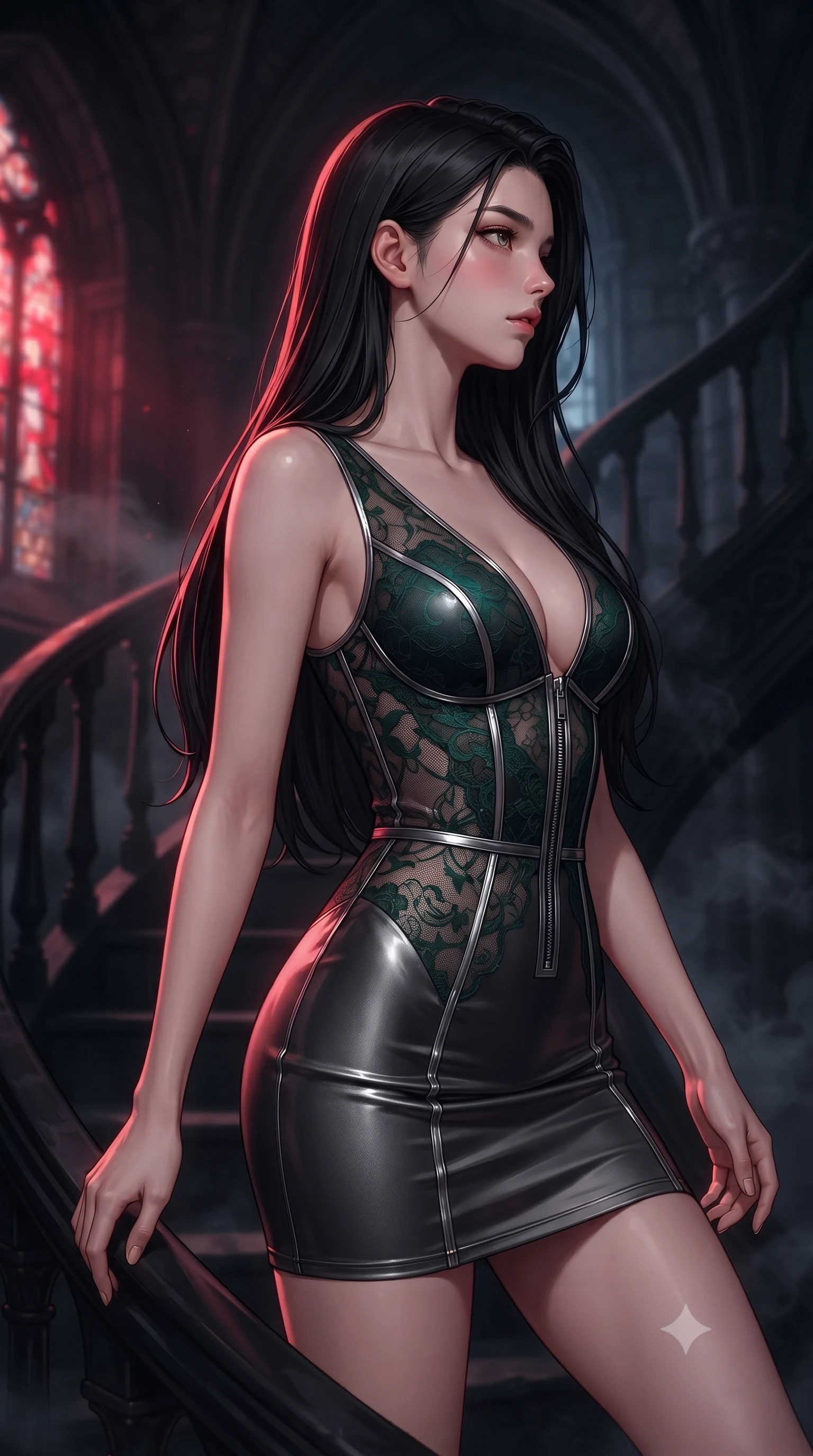score_9, masterpiece, best quality, ultra-detailed, high-budget anime keyframe, editorial fashion photography, tasteful artistic composition, Korean woman. close-up cowboy shot from the waist and thighs up, the character dominates the composition, filling the frame with her large presence, background elements kept in soft focus. Turning her face in sharp dramatic profile against the moody key light, ascending a dark obsidian spiral staircase inside a stormy cathedral tower, dark smoke clouds from black incense drifting through cold air. She has an exceptionally elegant, slender, and willowy female figure with an ultra-slim waist, a gracefully sculpted slender torso, and a refined silhouette. sharp v-shaped jawline, high-bridge nose, intricate jewel-like eyes with depth, thick eyelashes, glossy lips with a natural sheen. wearing deep V-neck corset bodice mini dress with sheer dark lace panels in deep emerald green, made of liquid dark mercury jersey, finished with metallic silver boning and sleek zipper points, accentuating her gracefully sculpted slender torso. illuminated by dramatic blood-crimson window light and deep obsidian shadows. highly saturated vibrant anime colors, detailed shading with soft gradients, rich glossy textures, high-contrast stereoscopic depth, volumetric dynamic lighting, master piece, 9:16 ratio