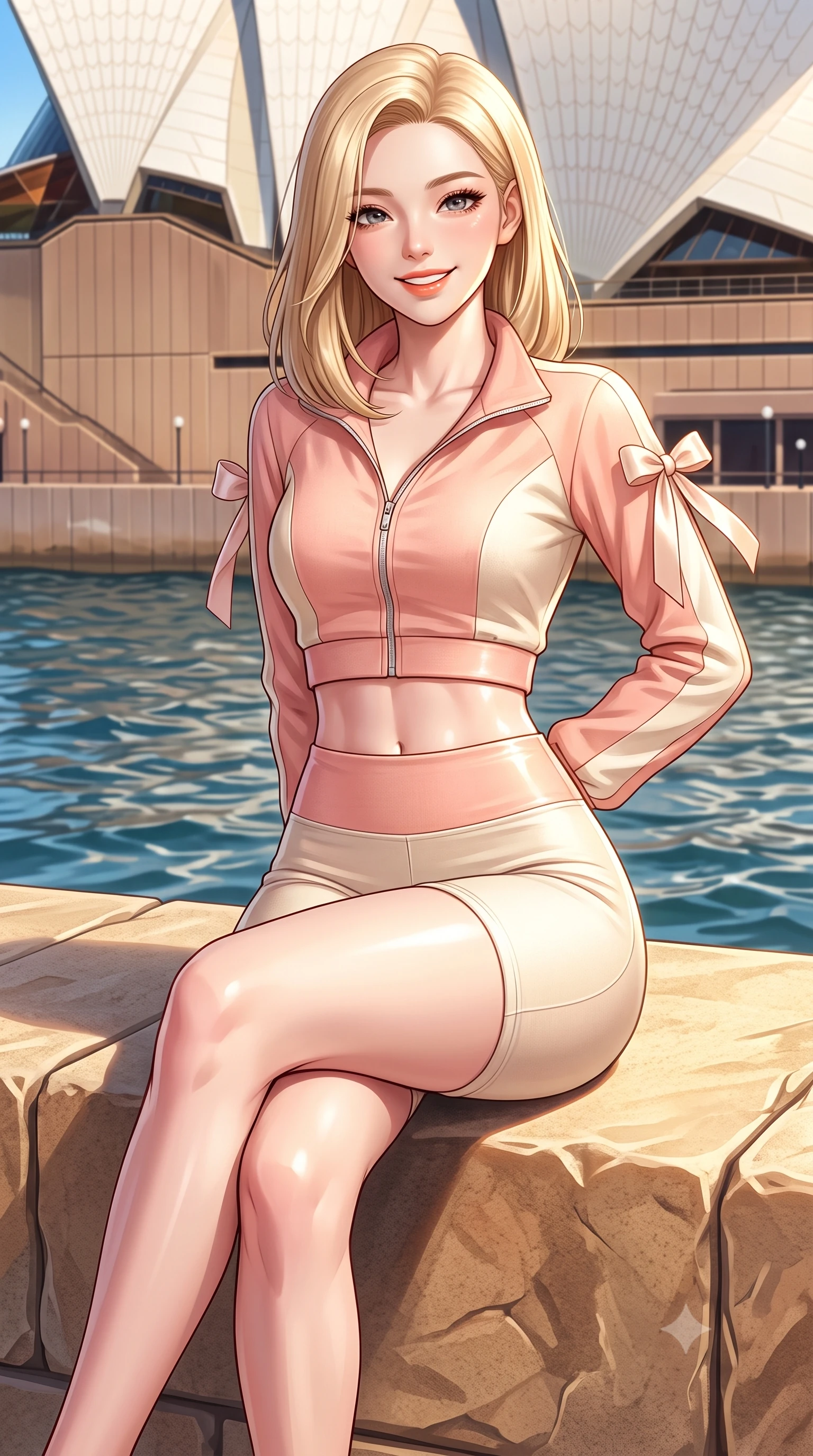 score_9, masterpiece, best quality, ultra-detailed, high-budget anime keyframe, semi-realistic 3D game render, editorial fashion photography, tasteful artistic composition, Korean woman. close-up cowboy shot from the waist and thighs up, the character dominates the composition, filling the frame with her large presence. resting both hands lightly behind her back while leaning toward the lens with a cheerful, teasing grin, her form-fitting outfit hugging her narrow waist and feminine hip curve while sitting perched on the sunlit sandstone seawall with legs crossed, her toned flat midriff and curvy hips glowing in the radiant Australian sun. The surrounding environment is rendered in vivid detail and crisp panoramic clarity. sharp sandstone seawall textures, Opera House ceramic tile clarity, and harbour water ripple caustics in deep focus. She has an exceptionally elegant, slender, and willowy female figure with an ultra-slim waist, flat toned midriff, narrow ribcage, and sculpted feminine hips creating an alluring, slim hourglass silhouette without bulk. sharp v-shaped jawline, high-bridge nose, intricate jewel-like sparkling eyes with depth, thick eyelashes, glossy parted lips with a natural peach sheen, bright cheerful beaming smile with an enchanting and coquettish sensual glint, exuding both youthful cute charm and seductive allure, flawlessly proportioned anatomical accuracy, strict slender model proportions, natural body alignment, perfectly sculpted long slender limbs, ultra-slim waistline, clean dynamic posture without body distortion. wearing a sporty chic zip-up crop jacket paired with high-waisted biker shorts clinging to her athletic hips in pastel peach blossom pink and warm champagne ivory, crafted from soft breathable linen with effortless natural drape, finished with cute satin bow ribbons tying at the shoulders, the high-waisted tailoring accentuating her ultra-slim waistline and the enchanting curve of her feminine hips with alluring charm. illuminated by intense specular sea reflections sharply carving her razor-sharp jawline, narrow waist, and curvy hips. highly saturated vibrant anime colors, detailed shading with soft gradients, rich glossy textures, high-contrast stereoscopic depth, volumetric dynamic lighting, master piece, 9:16 ratio