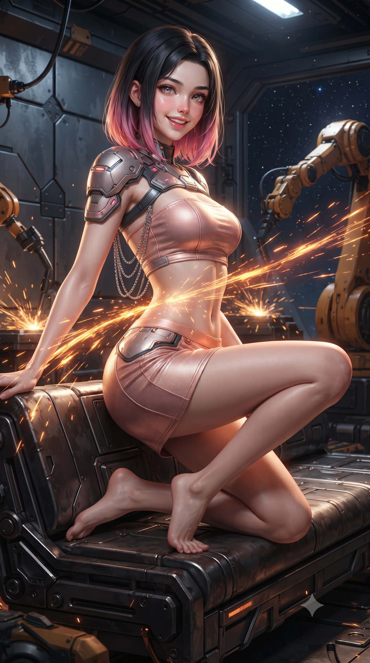 score_9, masterpiece, best quality, ultra-detailed, high-budget anime keyframe, editorial fashion photography, tasteful artistic composition, Korean woman. close-up cowboy shot from the waist and thighs up, the character dominates the composition, filling the frame with her large presence. perched sideways on the lounge seat, one knee drawn up to showcase her slender leg line while her arched back accentuates her feminine hip curve while twisting her slender torso in an alluring contrapposto stance, cascades of welding sparks painting dynamic molten gold light ribbons across her narrow waist and hips. The surrounding environment is rendered in vivid detail and crisp panoramic clarity: sharp ablative armor plate seams, hydraulic robotic arm joints, and crisp glowing weld beads in deep focus. She has an exceptionally elegant, slender, and willowy female figure with an ultra-slim waist, flat toned midriff, narrow ribcage, and sculpted feminine hips creating an alluring, slim hourglass silhouette without bulk. sharp v-shaped jawline, high-bridge nose, intricate jewel-like sparkling eyes with depth, thick eyelashes, glossy parted lips with a natural peach sheen, bright cheerful beaming smile with an enchanting and coquettish sensual glint, exuding both youthful cute charm and seductive allure, flawlessly proportioned anatomical accuracy, strict slender model proportions, natural body alignment, perfectly sculpted long slender limbs, ultra-slim waistline, clean dynamic posture without body distortion. wearing an ultra-cropped tactical tech-wear bandeau top with molded shoulder armor paired with a micro mini skirt revealing her flat toned midriff in Solaris liquid rose-quartz and alien peach, tailored from high-density tech-wool with subtle metallic thread weave, accented with an open-back drape framed by falling strands of delicate chrome chains, the liquid-tight tailored fabric clinging flawlessly to her narrow waist and rounded feminine hips, emphasizing every millimeter of her sculpted slim hourglass curves without any bulky heaviness. bathed in high-contrast golden welding arcs contrasted with deep obsidian shadow gradients and starlight. ultra-reflective glossy finish, specular highlights, rich textural contrasts, high-contrast stereoscopic depth, volumetric dynamic lighting, 2k, ultra detail, master piece, 9:16 ratio