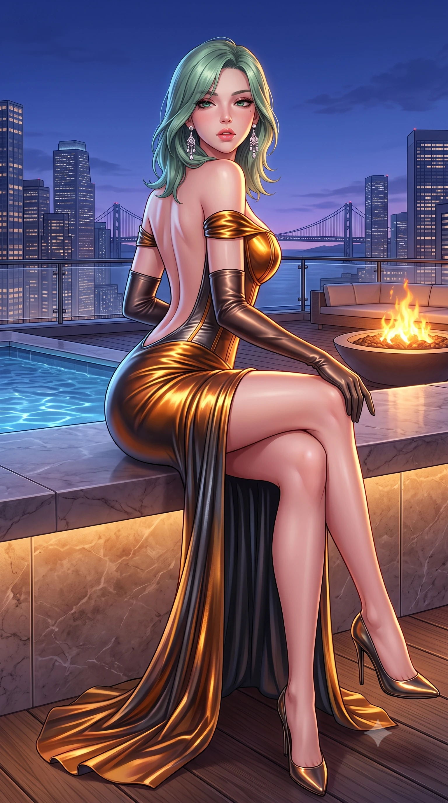 score_9, masterpiece, best quality, ultra-detailed, high-budget anime keyframe, semi-realistic 3D game render, editorial fashion photography, tasteful artistic composition, Japanese woman. low angle full-body shot from head to toe showing her feet, filling the entire 9:16 vertical frame with her statuesque presence, stretching her vertical silhouette. sitting perched on the elevated ledge with hips angled toward the camera and legs crossed, displaying her toned midriff and flawlessly sculpted slender limbs while pivoting gracefully on the polished balcony deck with hips shifted in a pronounced contrapposto stance, parted glossy lips reflecting city neon. The surrounding environment is rendered in vivid detail and crisp panoramic clarity. detailed skyscraper skyline panoramas, distant suspension bridges, and pool water ripples in high resolution. She has an absolutely perfect, statuesque 8.5-heads proportion, an exceptionally tall and slender model-like female figure with impossibly long slender legs, a toned flat midriff, an ultra-slim waist, and beautifully sculpted feminine hips. sharp v-shaped jawline, high-bridge nose, intricate jewel-like eyes with depth, thick eyelashes, glossy parted lips with a natural sheen, intensely captivating and seductive bedroom-eyes expression, flawlessly proportioned anatomical accuracy, strict slender model proportions, natural body alignment, perfectly sculpted long slender limbs, ultra-slim waistline, clean dynamic posture without body distortion. wearing a statuesque off-shoulder evening dress with a boned corset bodice and bodycon silhouette in molten amber-gold and dark gunmetal, crafted from luxurious metallic lamé that shifts radiance with every step, complemented by opera-length satin gloves and sparkling chandelier earrings, the dramatically scooped open back descending to the base of her spine, accentuating her razor-sharp statuesque lines and curvy hourglass silhouette. bathed in twilight indigo sky tones and warm amber rooftop fire pit glow. highly saturated vibrant anime colors, detailed shading with soft gradients, rich glossy textures, high-contrast stereoscopic depth, volumetric dynamic lighting, master piece, 9:16 ratio