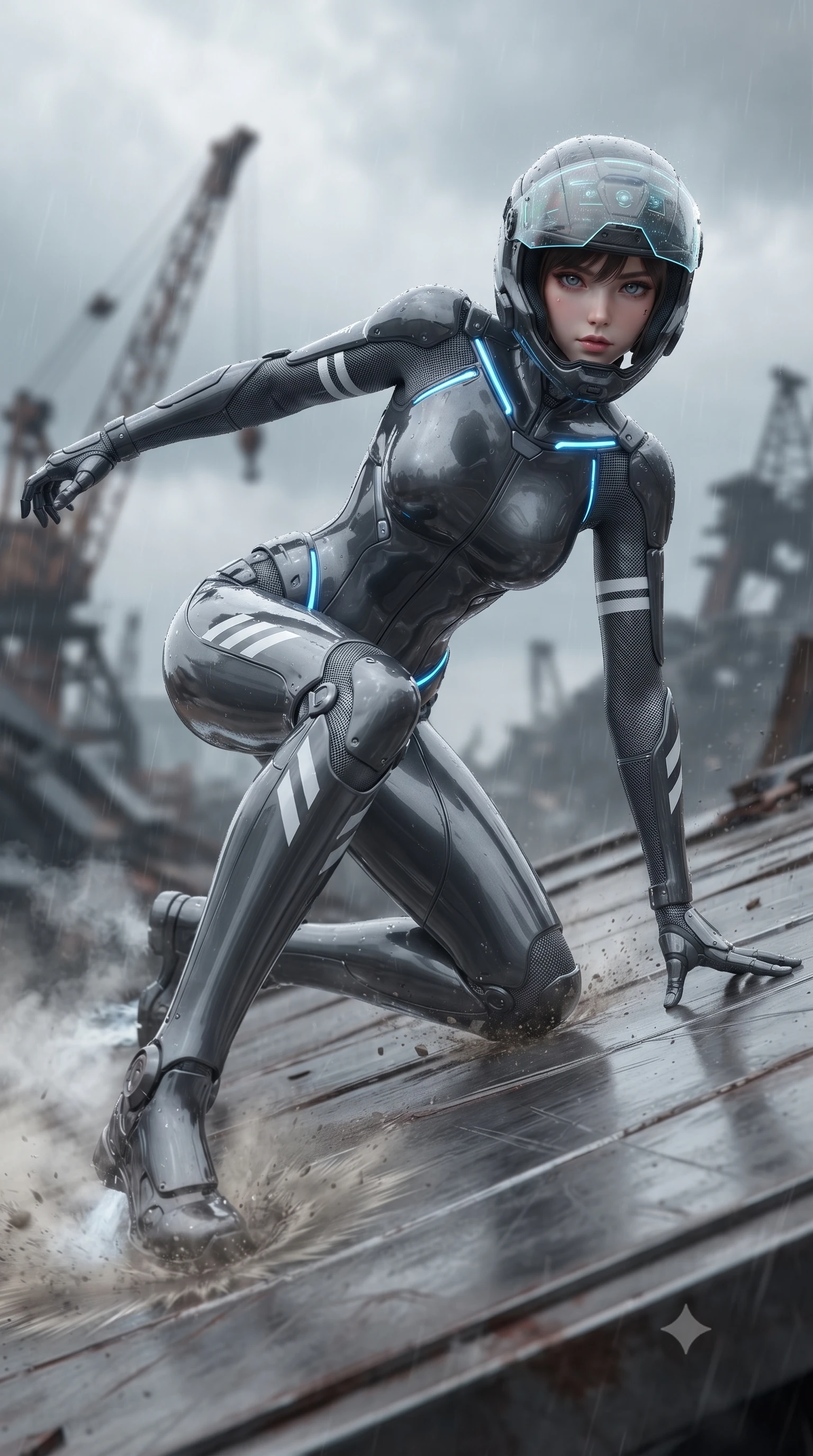 score_9, masterpiece, best quality, ultra-detailed, high-budget anime keyframe, editorial fashion photography, tasteful artistic composition, Korean woman. low angle full-body shot from head to toe showing her feet, filling the entire 9:16 vertical frame with her statuesque presence, stretching her vertical silhouette. landing gracefully from a high-altitude leap on one knee and palm, her statuesque silhouette framed by radial shockwave ripples in the ground while pivoting dynamically on the slanted metal plating as steam hisses from cooling hydraulics beneath her boots. The composition keeps background elements in soft focus with creamy bokeh. distant ruined industrial cranes and overcast rainy skies softened in cinematic shallow depth of field. She has an absolutely perfect, statuesque 8.5-heads proportion, an exceptionally tall and slender model-like female figure with impossibly long slender legs, a toned flat midriff, and an ultra-slim waist. sharp v-shaped jawline, high-bridge nose, intricate jewel-like eyes with depth, thick eyelashes, glossy lips with a natural sheen, fierce and resolute heroine expression, flawlessly proportioned anatomical accuracy, strict slender model proportions, natural body alignment, perfectly sculpted long slender limbs, ultra-slim waistline, clean dynamic posture without body distortion. wearing an open-face aerodynamic carbon-fiber combat helmet with a retracted transparent holographic HUD visor framing her sharp jawline and jewel-like eyes, paired with an ultra-sleek high-gloss carbon-composite exoskeleton suit featuring kinetic shock-absorbing shin guards and flexible limb articulation joints in storm-grey carbon mesh with high-contrast white hazard stripes, made of liquid carbon-jersey fabric accentuating every curve of her tall, slender model proportions, accented with glowing fiber-optic telemetry conduits tracing her collarbones and hip curves, the liquid-tight tailored fabric emphasizing every curve of her tall, slender model proportions and sculptured silhouette during dynamic movement. surrounded by a triumphant, exhausted yet indomitable lone heroine sovereignty aura. ultra-reflective glossy finish, specular highlights, dark metallic sheen, high-contrast stereoscopic depth, volumetric dynamic lighting, 2k, ultra detail, master piece, 9:16 ratio
