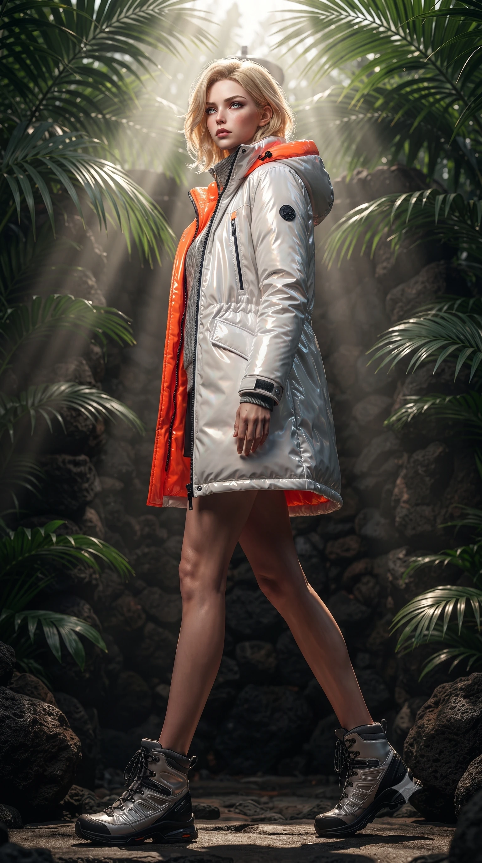 score_9, masterpiece, best quality, ultra-detailed, high-budget anime keyframe, editorial fashion photography, tasteful artistic composition, Caucasian woman. low angle full-body shot from head to toe showing her feet, filling the entire 9:16 vertical frame with her statuesque presence, stretching her vertical silhouette. stepping gracefully while looking back over her shoulder, her dress draped tightly to reveal her silhouette the background shows a soft-focus a tropical outdoor villa shower built of volcanic rocks, surrounded by large palm leaves. She has an absolutely perfect, statuesque 8.5-heads proportion, an exceptionally tall and slender model-like female figure with impossibly long slender legs and an ultra-slim waist. sharp v-shaped jawline, high-bridge nose, intricate jewel-like eyes with depth, thick eyelashes, glossy lips with a natural sheen. wearing a slim-fit heavy polar-station parka in white and neon orange tech-fabric, over a grey utility sweater. sun rays slicing through palm fronds, creating dramatic volumetric shafts of light. ultra-reflective glossy finish, specular highlights, metallic sheen, high-contrast stereoscopic depth, volumetric dynamic lighting, 2k, ultra detail, master piece, 9:16 ratio
