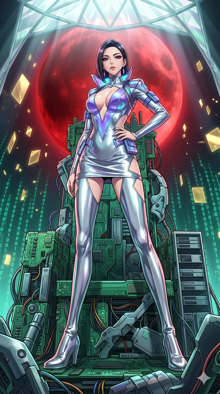 score_9, masterpiece, best quality, ultra-detailed, High-budget Anime Keyframe, vibrant colors, fluid line-art, expressive lighting, cinematic composition, Ufotable-style visual effects, top-tier animation quality, Korean woman with idol-like refined features. Wide-angle low shot emphasizing her impossibly long slender legs and commanding stature. Standing victorious on a grand throne made of calcified logic-boards and discarded cybernetics under the ominous glow of a massive blood moon. She has an absolutely perfect 8-heads proportion, an exceptionally tall and slender female figure with impossibly long slender legs and an ultra-slim waist, her statuesque height and towering silhouette dominating the vertical 9:16 frame. Her face is a masterpiece featuring a sharp v-shaped jawline, high-bridge nose, intricate jewel-like eyes with depth, thick eyelashes, and glossy lips with a natural sheen. She is wearing a Liquid mercury fabric dress that clings perfectly to her every curve with a deep plunging neckline crafted from Iridescent vinyl with a futuristic sheen that shifts between violet and cyan, with integrated neon-lit tactical gear and suggestive cutouts on the thighs. The scene is set in an abstract digital void with floating golden geometric shapes and rivers of flowing code, illuminated by ethereal moonlight filtering through a crystalline canopy, creating soft highlights. 2k, ultra detail, master piece, 9:16 ratio