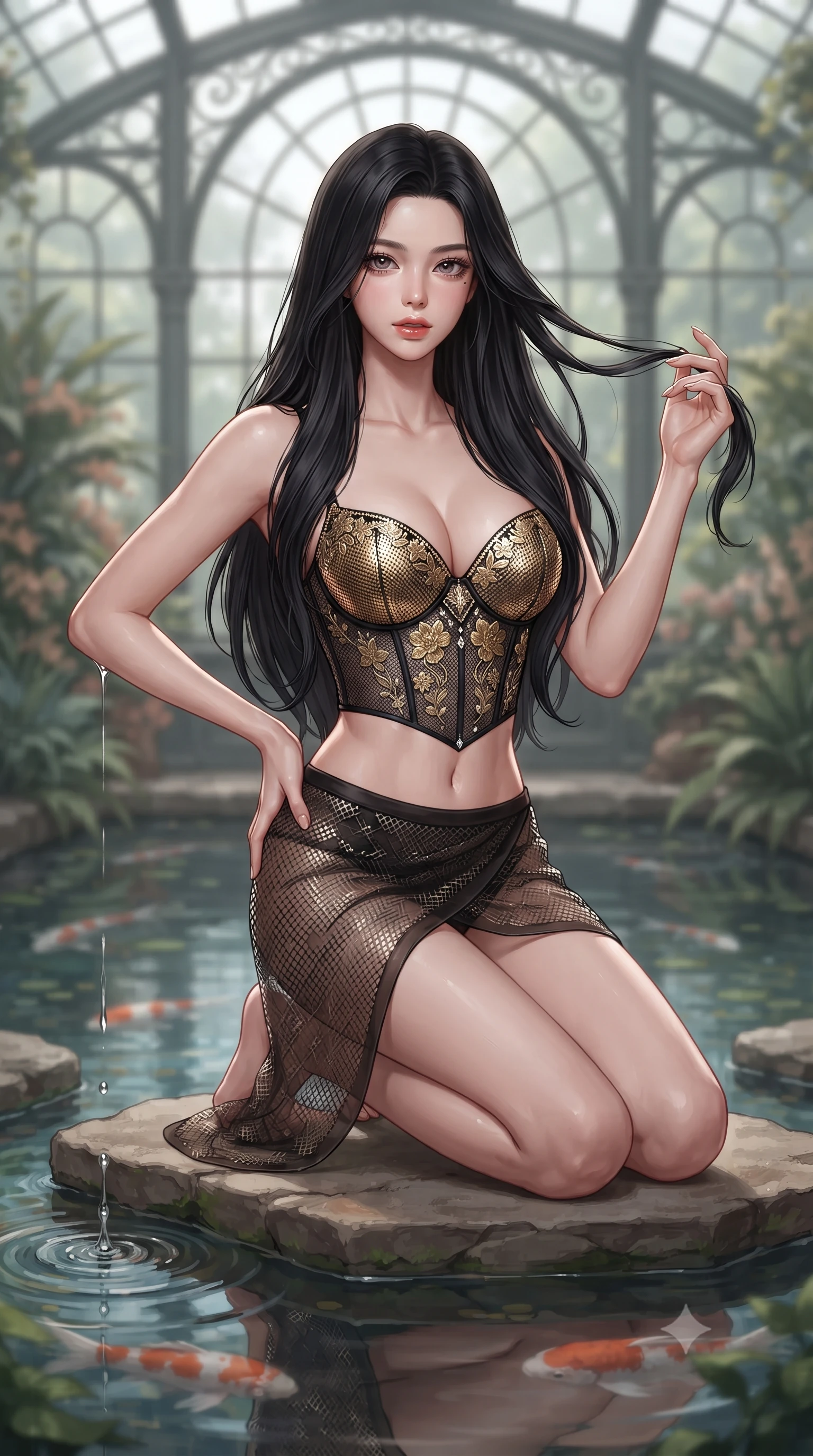score_9, masterpiece, best quality, ultra-detailed, high-budget anime keyframe, editorial fashion photography, tasteful artistic composition, Korean woman. close-up cowboy shot from the waist and thighs up, the character dominates the composition, filling the frame with her large presence. twisting her slender torso in an alluring contrapposto stance, one hand resting on her sculpted hip while her fingers toy with her hair with effortless poise while kneeling gracefully on the flat stepping stone with one knee bent, trailing fingers in the clear pond water with effortless seductive charm. The background shows a soft-focus historic glasshouse arches softened in serene botanical shallow focus. She has an exceptionally elegant, slender, and willowy female figure with an ultra-slim waist, flat toned midriff, narrow ribcage, and sculpted feminine hips creating an alluring, slim hourglass silhouette without bulk. sharp v-shaped jawline, high-bridge nose, sparkling eyes with hypnotic seductive depth, thick curled eyelashes, glossy parted lips with a natural dewy peach sheen, alluring bedroom-eyes with an enchanting coquettish smile, exuding magnetic siren charisma and sophisticated glamour, flawlessly proportioned anatomical accuracy, strict slender model proportions, natural body alignment, perfectly sculpted long slender limbs, ultra-slim waistline, clean dynamic posture without body distortion. wearing a plunging sweetheart-neckline boned corset top with pressed flower embroidery paired with a sheer organza wrap skirt in liquid gold chainmail and midnight obsidian black with diamond accents, crafted from shimmering fluid chainmail mesh reflecting ambient casino lights, finished with delicate floral vine embroidery tracing along her sweetheart neckline with intimate elegance, the form-contouring silhouette accentuating her sculpted flat midriff, narrow delicate ribcage, and gracefully curvy hips with intoxicating allure. illuminated by water reflection fill and sharp silvery-gold rim lights defining her razor-sharp jawline, narrow waist, and curvy hips. ultra-reflective glossy finish, specular highlights, rich textural contrasts, high-contrast stereoscopic depth, volumetric dynamic lighting, 2k, ultra detail, master piece, 9:16 ratio