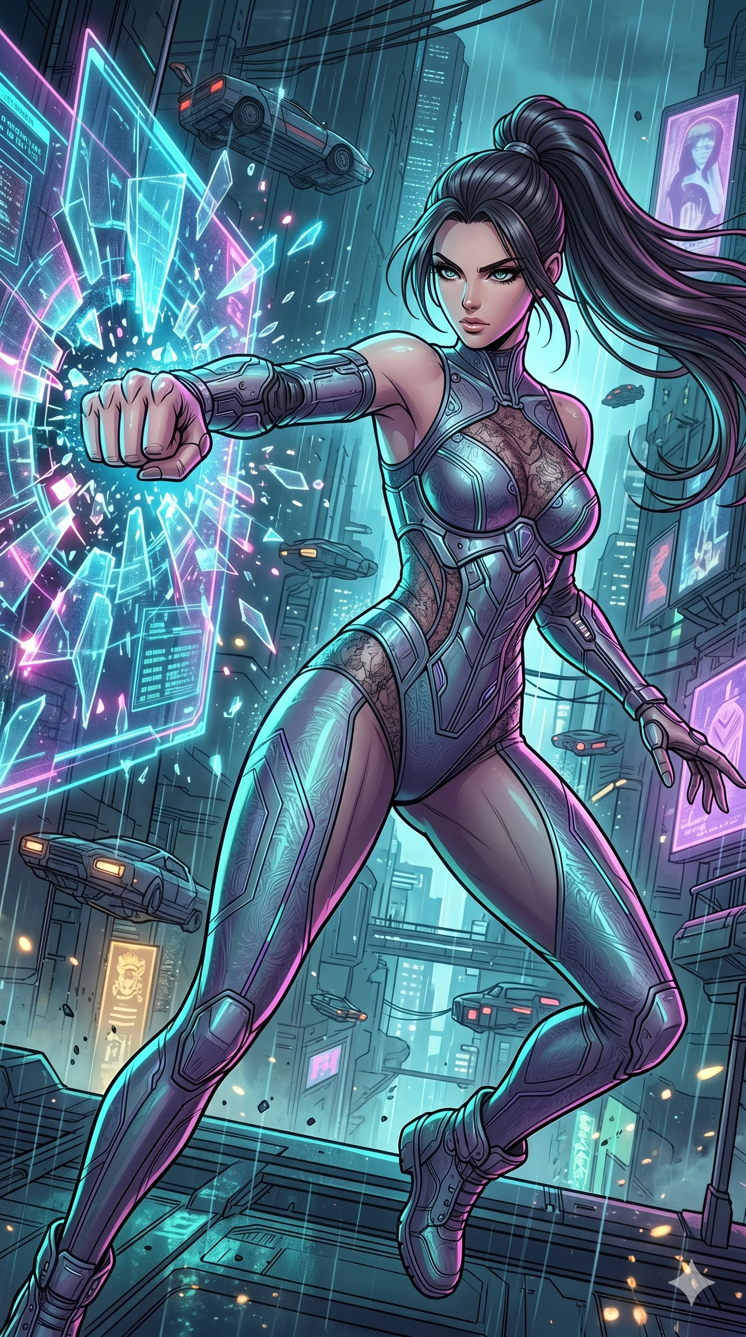 score_9, masterpiece, best quality, ultra-detailed, high-budget anime movie keyframe, cinematic anime lighting, intricate line art, Caucasian (strictly human ears) woman. Low angle cowboy shot capturing a powerful motion and statuesque presence. punching through a holographic firewall that shatters like glass. She has an absolutely perfect 8-heads proportion, an exceptionally tall and slender female figure with graceful and slender proportions. strictly human anatomy, two legs only, no extra limbs, clearly defined legs and arms, perfect anatomy, perfect hands and fingers. sharp v-shaped jawline, high-bridge nose, intricate jewel-like eyes, thick eyelashes, glossy lips. Wearing Cyber-Tech Legacy: Asymmetrical sleek tech-bodysuit with detached sleeves and chrome-plated corset over sheer lace. The scene is illuminated by dramatic atmospheric lighting and vibrant color palettes. , 2k, ultra detail, master piece, 9:16 ratio