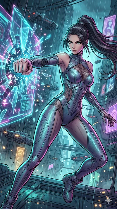 score_9, masterpiece, best quality, ultra-detailed, high-budget anime movie keyframe, cinematic anime lighting, intricate line art, Caucasian (strictly human ears) woman. Low angle cowboy shot capturing a powerful motion and statuesque presence. punc