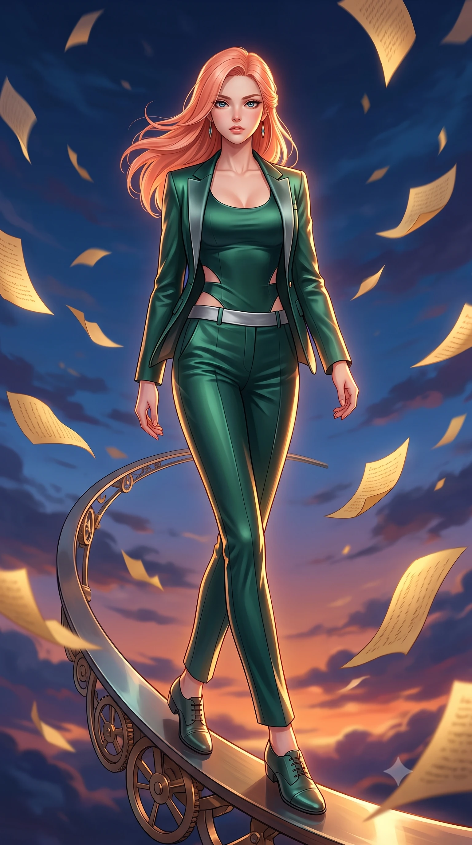 score_9, masterpiece, best quality, ultra-detailed, high-budget anime keyframe, editorial fashion photography, tasteful artistic composition, Japanese woman. low angle full-body shot from head to toe showing her feet, filling the entire 9:16 vertical frame with her statuesque presence, stretching her vertical silhouette. stepping forward in a proud dynamic stride, her vertical silhouette filling the frame with statuesque presence while stepping along a curved clockwork pendulum arm under a dramatic twilight sky, golden paper manuscript pages fluttering around her in a dynamic tempest breeze. She has an absolutely perfect, statuesque 8.5-heads proportion, an exceptionally tall and slender model-like female figure with impossibly long slender legs and an ultra-slim waist. sharp v-shaped jawline, high-bridge nose, intricate jewel-like eyes with depth, thick eyelashes, glossy lips with a natural sheen, flawlessly proportioned anatomical accuracy, natural body alignment, perfectly sculpted elegant limbs, clean dynamic posture without body distortion. wearing a tailored silk blazer over a form-contouring scoop-neck top and slacks in deep emerald green and silver accent, crafted from smooth liquid silk, featuring subtle geometric cutouts that highlight her ultra-slim midriff, the form-contouring material highlighting her ultra-slim waist and long lines. bathed in warm twilight amber backlighting and rich metallic specular glow. highly saturated vibrant anime colors, detailed shading with soft gradients, rich glossy textures, high-contrast stereoscopic depth, volumetric dynamic lighting, master piece, 9:16 ratio