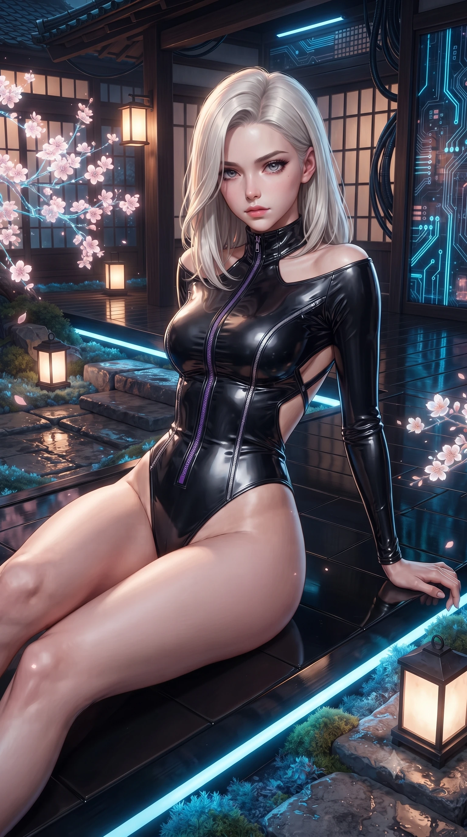 score_9, masterpiece, best quality, ultra-detailed, high-budget anime keyframe, editorial fashion photography, tasteful artistic composition, Caucasian woman. close-up cowboy shot from the waist and thighs up, the character dominates the composition, filling the frame with her large presence. gazing directly into the lens with bedroom eyes and a breathtaking, dangerous allure that commands the entire composition while lounging along a polished black lacquer veranda as holographic cherry blossoms and blue moss glow softly. The surrounding environment is rendered in vivid detail and crisp panoramic clarity. harmonious fusion of ancient oriental zen aesthetics and glowing cyberpunk technology in high clarity. She has an exceptionally elegant, slender, and willowy female figure with an ultra-slim waist, a gracefully sculpted slender torso, and a refined silhouette. sharp v-shaped jawline, high-bridge nose, intricate jewel-like eyes with depth, thick eyelashes, glossy lips with a natural sheen, flawlessly proportioned anatomical accuracy, natural body alignment, perfectly sculpted elegant limbs, clean dynamic posture without body distortion. wearing a glossy black second-skin latex bodysuit with high-thigh cuts, exposed clavicle neckline, and gleaming zipper details in dark amethyst purple and shimmering starlight silver, made of liquid metal jersey that clings flawlessly to every contour of her build, complemented by criss-cross back straps highlighting her completely bare spine, the form-contouring second-skin material highlighting her ultra-slim waist and long lines. illuminated by soft warm lantern glow and sharp specular highlights on wet stone. ultra-reflective glossy finish, specular highlights, metallic sheen, high-contrast stereoscopic depth, volumetric dynamic lighting, 2k, ultra detail, master piece, 9:16 ratio