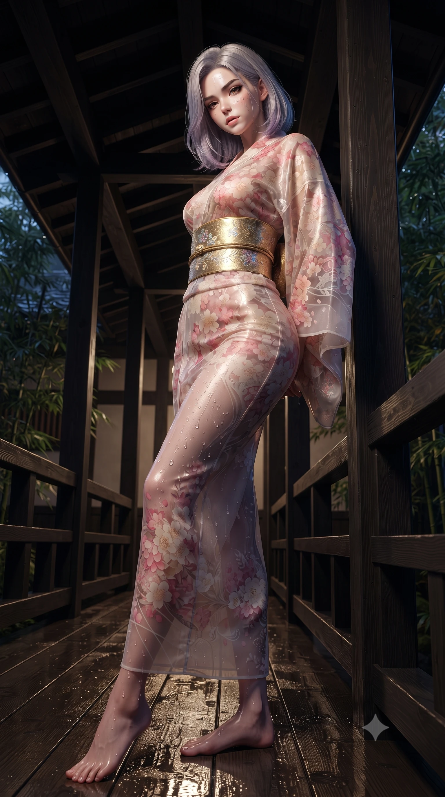 score_9, masterpiece, best quality, ultra-detailed, high-budget anime keyframe, editorial fashion photography, tasteful artistic composition, Caucasian woman. low angle full-body shot from head to toe showing her feet, filling the entire 9:16 vertical frame with her statuesque presence, stretching her vertical silhouette. leaning deep against the structural architecture with hips cocked in an unapologetically bold, seductive high-fashion stance while standing poised on the wooden bridge terrace, twisting her upper body in an alluring S-curve as night wind rustles through the bamboo canopy. The surrounding environment is rendered in vivid detail and crisp panoramic clarity. sharp wet hinoki wood grain, distinct water droplet tracks on skin, and bamboo leaf venation in deep focus. She has an absolutely perfect, statuesque 8.5-heads proportion, an exceptionally tall and slender model-like female figure with impossibly long slender legs, a toned flat midriff, an ultra-slim waist, and beautifully sculpted feminine hips. sharp v-shaped jawline, high-bridge nose, intricate jewel-like eyes with depth, thick eyelashes, glossy parted lips with a natural sheen, intensely captivating and seductive bedroom-eyes expression, flawlessly proportioned anatomical accuracy, strict slender model proportions, natural body alignment, perfectly sculpted long slender limbs, ultra-slim waistline, clean dynamic posture without body distortion. wearing a delicate semi-translucent silk yukata that clings to her wet skin and curvy hip contours in sakura blossom pink and warm ivory, tailored from crisp ceremonial cotton and multi-layered translucent chiffon, complemented by a wide metallic gold obi sash with holographic floral embroidery, the glove-like aerodynamic silhouette tightly following the natural contour of her hips and long slender legs with statuesque precision. surrounded by a tranquil, poetic, and deeply sensual Japanese ryokan muse aura. ultra-reflective glossy finish, specular highlights, rich textural contrasts, high-contrast stereoscopic depth, volumetric dynamic lighting, 2k, ultra detail, master piece, 9:16 ratio