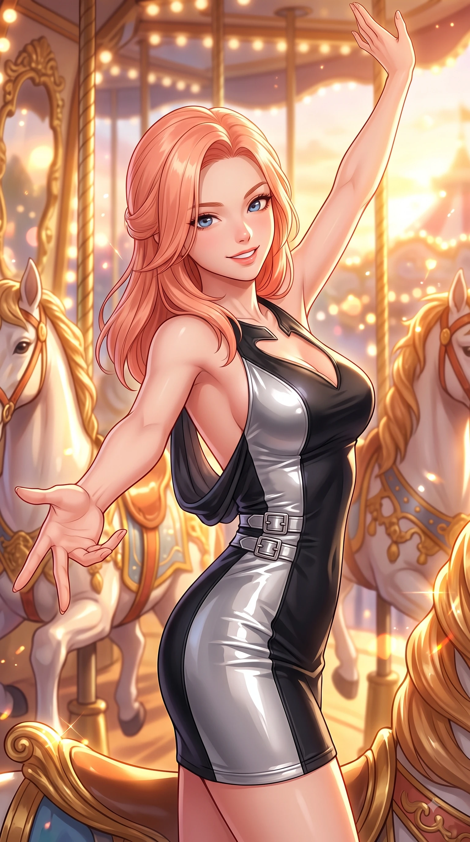 score_9, masterpiece, best quality, ultra-detailed, high-budget anime keyframe, editorial fashion photography, tasteful artistic composition, Japanese woman. close-up cowboy shot from the waist and thighs up, the character dominates the composition, filling the frame with her large presence, background elements kept in soft focus. Extending one arm in an elegant stretch toward the sun while smiling with vibrant, magnetic self-assurance while reaching one arm out playfully toward the camera while spinning on a golden carousel deck, ornate carved carousel horses with gold-leaf trim reflecting bright amber highlights. She has an exceptionally elegant, slender, and willowy female figure with an ultra-slim waist, a gracefully sculpted slender torso, and a refined silhouette. sharp v-shaped jawline, high-bridge nose, intricate jewel-like eyes with depth, thick eyelashes, glossy lips with a natural sheen, flawlessly proportioned anatomical accuracy, natural body alignment, perfectly sculpted elegant limbs, clean dynamic posture without body distortion. wearing a precision-fitted liquid jersey bodycon dress with a graceful draped back in matte black and polished silver, tailored from high-gloss patent leather, detailed with polished silver buckles along the waistline, the elegant draped fit framing her graceful clavicle and slender torso. surrounded by a bright, magical theme park ambiance with rich specular glow. highly saturated vibrant anime colors, detailed shading with soft gradients, rich glossy textures, high-contrast stereoscopic depth, volumetric dynamic lighting, master piece, 9:16 ratio