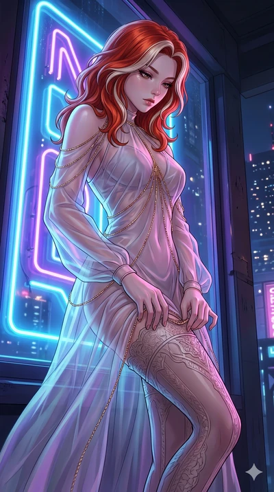 score_9, masterpiece, best quality, ultra-detailed, High-budget Anime Keyframe, East Asian woman. Low angle cowboy shot filling the entire 9:16 frame with her statuesque presence. Scenario 297: Adjusting her sculptural over-the-knee stocking by a glo
