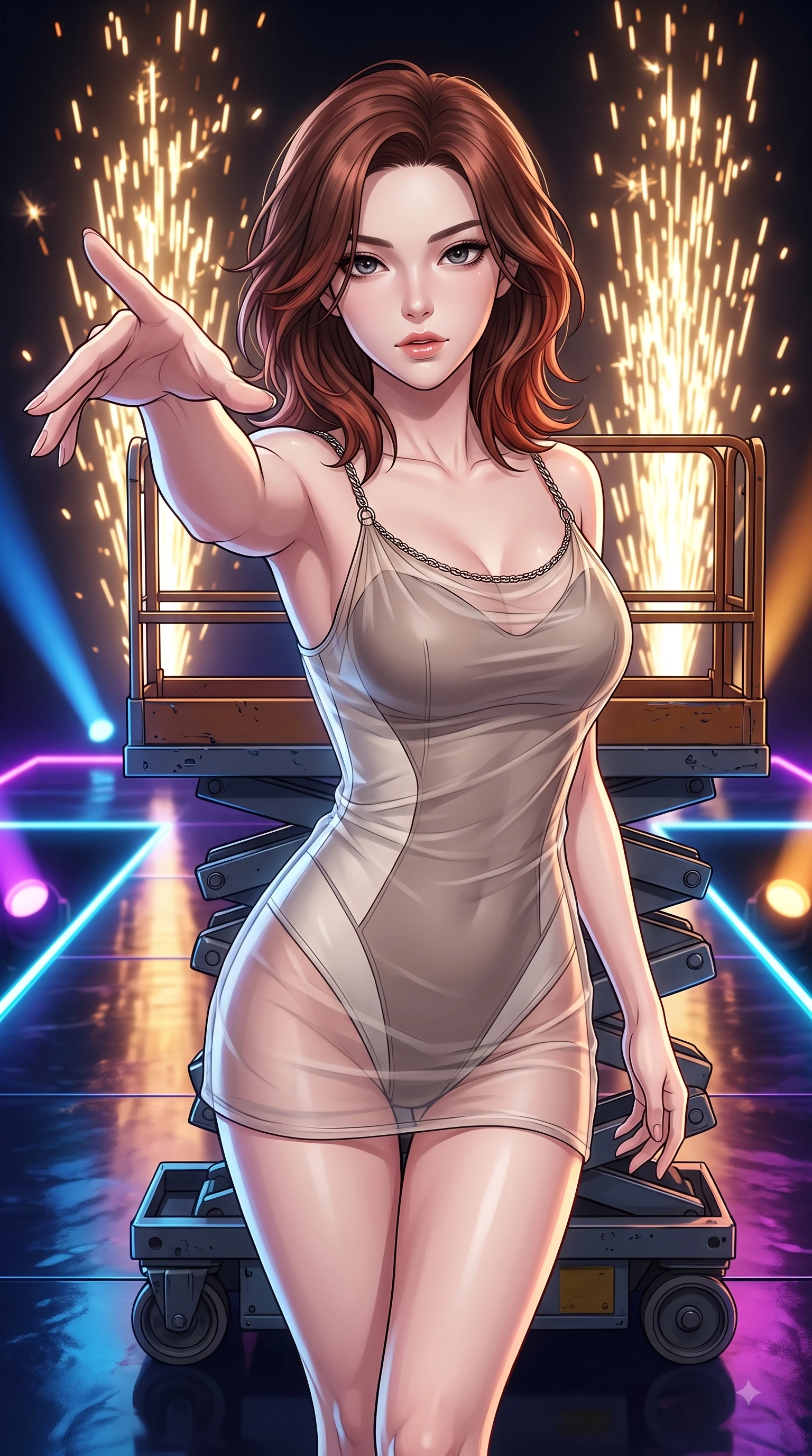 score_9, masterpiece, best quality, ultra-detailed, high-budget anime keyframe, editorial fashion photography, tasteful artistic composition, Korean woman. close-up cowboy shot from the waist and thighs up, the character dominates the composition, filling the frame with her large presence, background elements kept in soft focus. Reaching one arm gracefully toward the camera with magnetic poise, displaying her statuesque silhouette while poised on a hydraulic lift platform as golden pyrotechnic sparks rain down behind her, shiny dark stage surface reflecting every concert light beam vividly. She has an exceptionally elegant, slender, and willowy female figure with an ultra-slim waist, a gracefully sculpted slender torso, and a refined silhouette. sharp v-shaped jawline, high-bridge nose, intricate jewel-like eyes with depth, thick eyelashes, glossy lips with a natural sheen, flawlessly proportioned anatomical accuracy, natural body alignment, perfectly sculpted elegant limbs, clean dynamic posture without body distortion. wearing a semi-opaque sheer overlay dress over a leather micro-bodysuit in muted taupe and soft ivory, formed from sleek second-skin neoprene, adorned with delicate metallic chain straps along the neckline, the elegant draped fit framing her graceful clavicle and slender torso. bathed in intense volumetric stage spotlights and vivid neon rim lights. highly saturated vibrant anime colors, detailed shading with soft gradients, rich glossy textures, high-contrast stereoscopic depth, volumetric dynamic lighting, master piece, 9:16 ratio