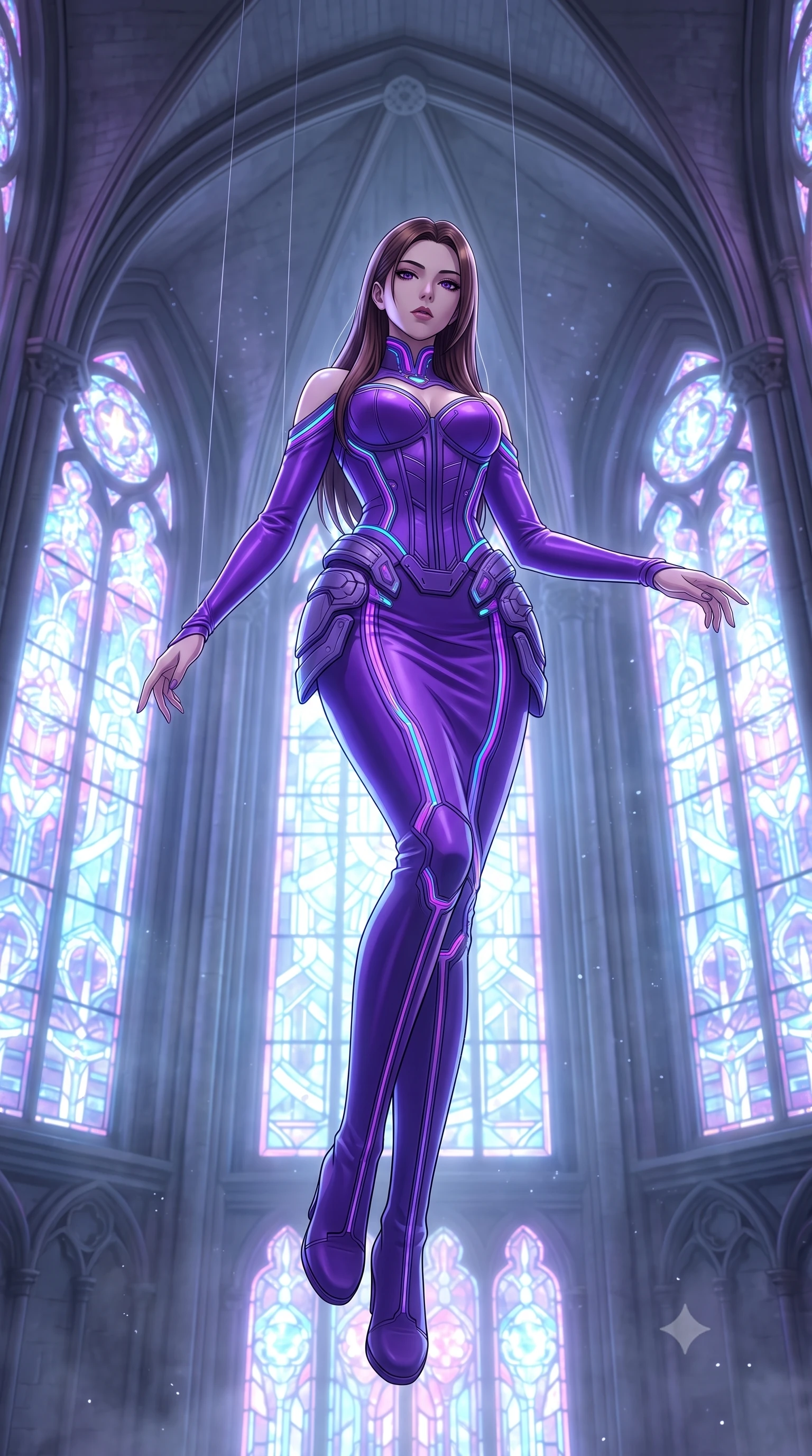score_9, masterpiece, best quality, ultra-detailed, High-budget Anime Keyframe, East Asian woman. Low angle cowboy shot filling the entire 9:16 frame with her statuesque presence. Scenario 506: suspended by invisible silk threads inside a futuristic cathedral with holographic stained-glass windows. Her presence is magnetic and overpowering in this high-budget anime scene. Outfit 506: a body-hugging neon violet matte vinyl corset dress layered over a structured corset bodice. The clothing is designed to emphasize her exceptionally tall and slender 8-heads proportion. 8-heads proportion, towering silhouette, ultra-slim waist. sharp v-shaped jawline, intricate jewel-like eyes with depth, thick eyelashes, glossy lips. 2k, ultra detail, master piece, 9:16 ratio