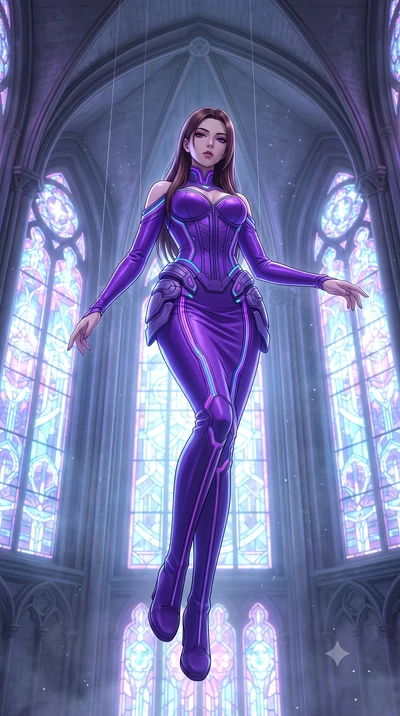 score_9, masterpiece, best quality, ultra-detailed, High-budget Anime Keyframe, East Asian woman. Low angle cowboy shot filling the entire 9:16 frame with her statuesque presence. Scenario 506: suspended by invisible silk threads inside a futuristic 
