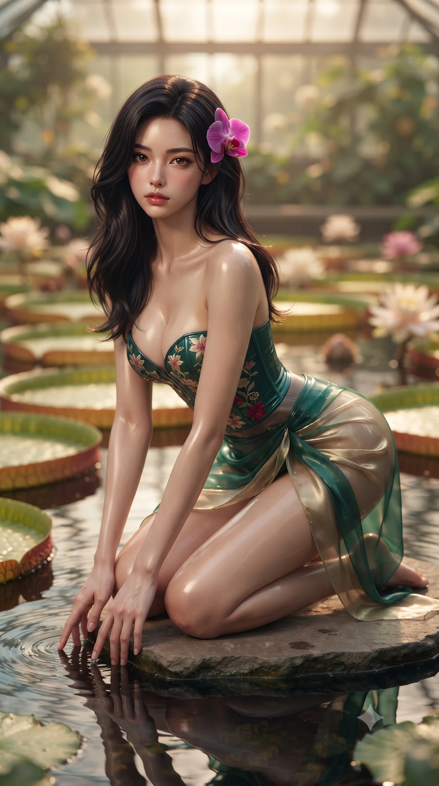 score_9, masterpiece, best quality, ultra-detailed, high-budget anime keyframe, editorial fashion photography, tasteful artistic composition, Korean woman. close-up cowboy shot from the waist and thighs up, the character dominates the composition, filling the frame with her large presence. leaning forward while arching her lower back to accentuate her curvy hips, looking into the camera with an intoxicating smoldering gaze and bedroom-eyes while kneeling gracefully on the flat stepping stone with one knee bent, trailing fingers in the clear pond water with effortless seductive charm. The background shows a soft-focus colossal six-foot circular Victoria amazonica lily pads, blooming night-scented flowers, and water reflections blurred into seafoam, ivory, and amber bokeh. She has an exceptionally elegant, slender, and willowy female figure with an ultra-slim waist, flat toned midriff, narrow ribcage, and sculpted feminine hips creating an alluring, slim hourglass silhouette without bulk. sharp v-shaped jawline, high-bridge nose, sparkling eyes with hypnotic seductive depth, thick curled eyelashes, glossy parted lips with a natural dewy peach sheen, alluring bedroom-eyes with an enchanting coquettish smile, exuding magnetic siren charisma and sophisticated glamour, flawlessly proportioned anatomical accuracy, strict slender model proportions, natural body alignment, perfectly sculpted long slender limbs, ultra-slim waistline, clean dynamic posture without body distortion. wearing a plunging sweetheart-neckline boned corset top with pressed flower embroidery paired with a sheer organza wrap skirt in casino emerald green and metallic champagne gold with ruby glints, crafted from wet-look high-gloss vinyl fabric with dazzling specular surface reflections, accented with a fresh-bloomed exotic magenta orchid tucked gracefully into her dark glossy hair, the glove-like clinging cut tightly following the natural contour of her hips and long slender legs with youthful 8.5-heads elegance. bathed in warm ambient glasshouse light reflecting up from the calm pond surface. ultra-reflective glossy finish, specular highlights, rich textural contrasts, high-contrast stereoscopic depth, volumetric dynamic lighting, 2k, ultra detail, master piece, 9:16 ratio
