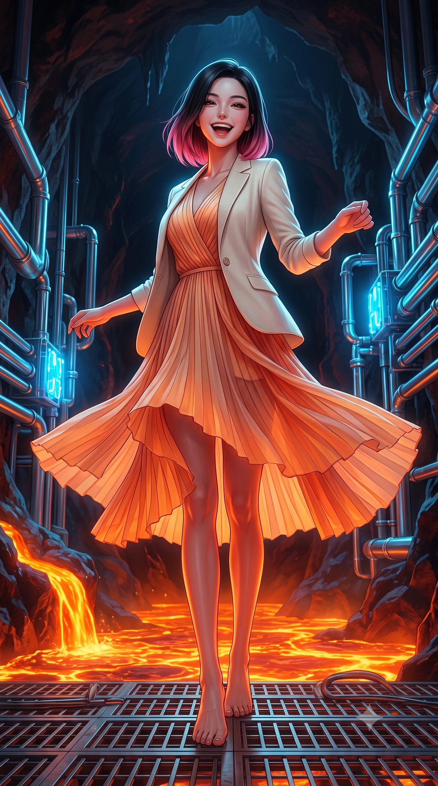 score_9, masterpiece, best quality, ultra-detailed, high-budget anime keyframe, editorial fashion photography, tasteful artistic composition, Korean woman. low angle full-body shot from head to toe showing her feet, filling the entire 9:16 vertical frame with her statuesque presence, stretching her vertical silhouette. twirling with a bright, delighted laugh inside inside a deep volcanic cave where glowing orange lava flows are cooled by complex arrays of chrome pipes and neon blue cooling nodes. She has a statuesque 8.5-heads proportion, an exceptionally tall, slender and willowy model-like build with impossibly long legs and a highly sculpted ultra-slim waist. sharp v-shaped jawline, high-bridge nose, intricate jewel-like eyes with depth, thick eyelashes, glossy lips with a natural sheen. wearing a flowing pleated chiffon midi dress in a sunset apricot gradient, layered under a light ivory knit blazer. intense orange geothermal glow from below contrasted with cool neon blue light from the cooling nodes on the chrome pipes. 2k, ultra detail, master piece, 9:16 ratio