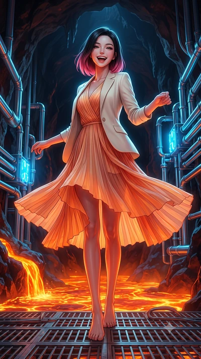 score_9, masterpiece, best quality, ultra-detailed, high-budget anime keyframe, editorial fashion photography, tasteful artistic composition, Korean woman. low angle full-body shot from head to toe showing her feet, filling the entire 9:16 vertical f