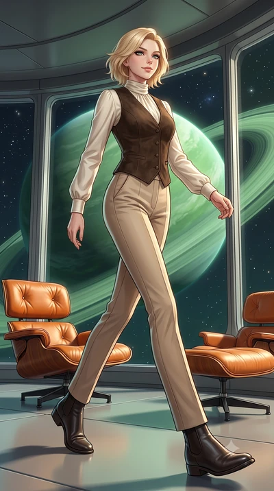 score_9, masterpiece, best quality, ultra-detailed, high-budget anime keyframe, editorial fashion photography, tasteful artistic composition, Caucasian woman, strictly human ears. low angle full-body shot from head to toe showing her feet, filling th