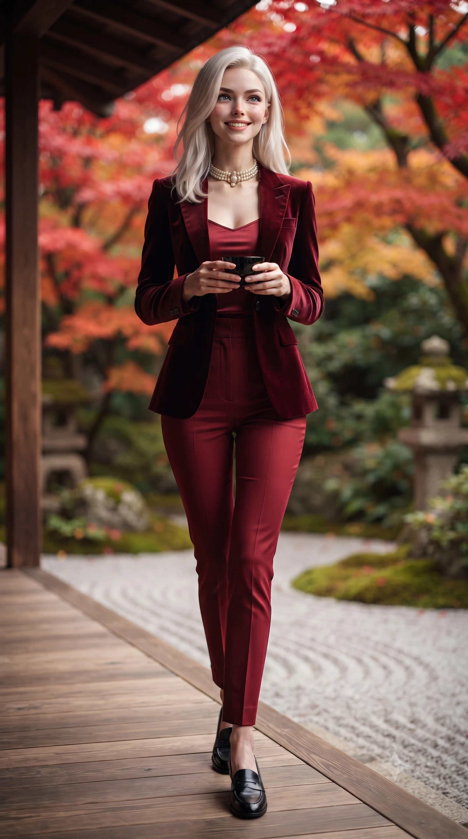 score_9, masterpiece, best quality, ultra-detailed, high-budget anime keyframe, editorial fashion photography, tasteful artistic composition, Caucasian woman. low angle full-body shot from head to toe showing her feet, filling the entire 9:16 vertical frame with her statuesque presence, stretching her vertical silhouette. stepping forward gracefully in mid-motion with a radiant beaming smile, hips swaying with supermodel rhythm as her vertical silhouette fills the frame while holding a black lacquer teacup with both hands on the veranda, looking up toward the camera with an enchanting, peaceful smile. The background shows a soft-focus vibrant crimson and vermilion Japanese maple leaves, raked white gravel zen patterns, and mossy stone lanterns blurred into scarlet, amber, and moss green bokeh. She has an exceptionally tall and slender model-like 8.5-heads proportion, an ultra-slim waist, a flat toned midriff, narrow delicate ribcage, and beautifully sculpted feminine hips creating a graceful, slim hourglass silhouette without any bulky heaviness, with impossibly long slender legs. sharp v-shaped jawline, high-bridge nose, intricate jewel-like sparkling eyes with depth, thick eyelashes, glossy parted lips with a natural peach sheen, bright cheerful beaming smile with an enchanting and coquettish sensual glint, exuding both youthful cute charm and seductive allure, flawlessly proportioned anatomical accuracy, strict slender model proportions, natural body alignment, perfectly sculpted long slender limbs, ultra-slim waistline, clean dynamic posture without body distortion. wearing a tailored corseted velvet blazer jacket worn closed over a tight-fitting silk camisole and sleek tailored cigarette pants in Kyoto autumn maple crimson and deep ink black, woven from fine elastic rib-knit fabric tracing every millimeter of her slender torso, complemented by an antique baroque pearl choker accentuating her delicate neck and collarbones, the second-skin tailored fabric adhering flawlessly to her sculpted flat midriff and slender torso, emphasizing her long leg lines and perfectly proportioned willowy build. illuminated by white gravel garden bounce and warm vermilion-gold rim lights defining her delicate features, jawline, and graceful silhouette. ultra-reflective glossy finish, specular highlights, rich textural contrasts, high-contrast stereoscopic depth, volumetric dynamic lighting, 2k, ultra detail, master piece, 9:16 ratio