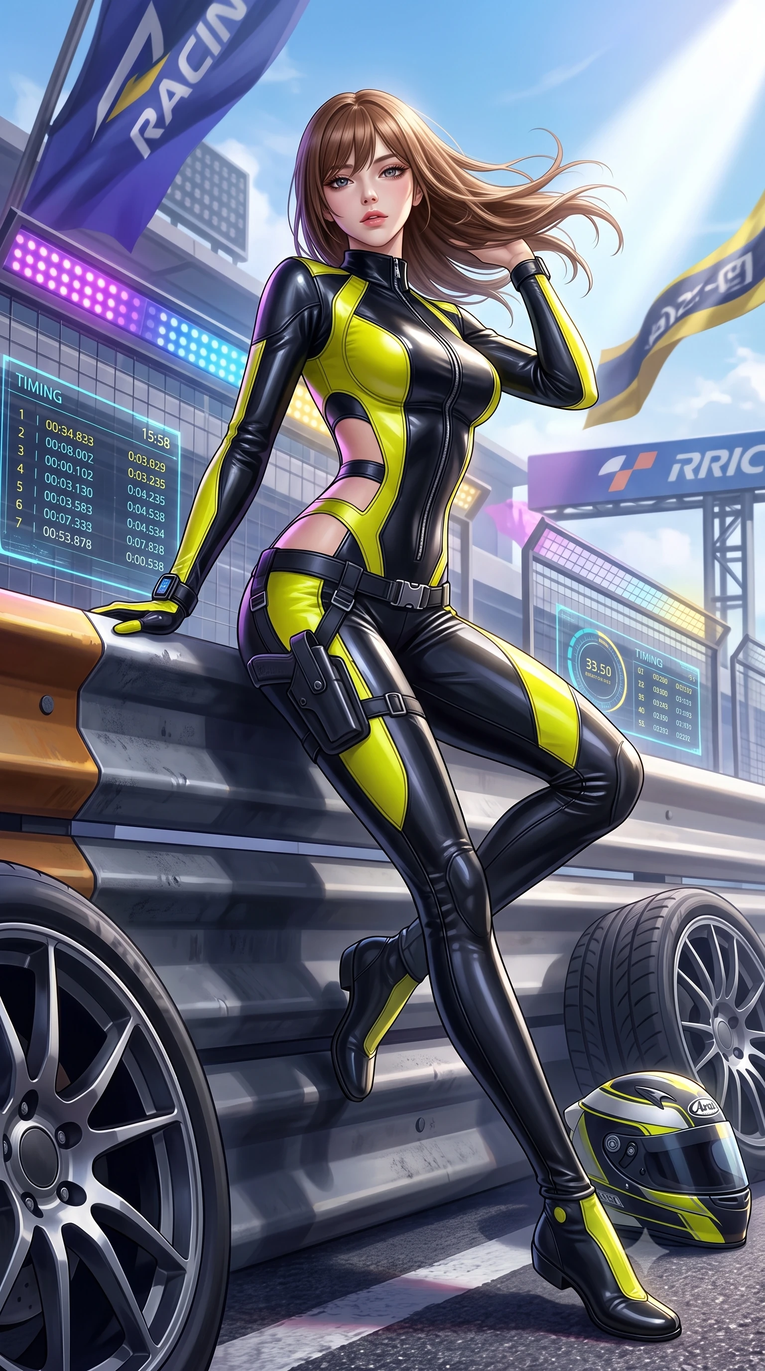 score_9, masterpiece, best quality, ultra-detailed, high-budget anime keyframe, semi-realistic 3D game render, editorial fashion photography, tasteful artistic composition, Korean woman. low angle full-body shot from head to toe showing her feet, filling the entire 9:16 vertical frame with her statuesque presence, stretching her vertical silhouette. reclining back languidly with one knee bent and spine arched in a breathtaking dancer line, commanding the entire 9:16 vertical frame while leaning against a heavy track barrier, tossing her hair over one shoulder as wind whips the racing circuit banners. The surrounding environment is rendered in vivid detail and crisp panoramic clarity. detailed holographic timing displays, alloy wheel spokes, and high-tech racing helmet in high clarity. She has an absolutely perfect, statuesque 8.5-heads proportion, an exceptionally tall and slender model-like female figure with impossibly long slender legs, a toned flat midriff, and an ultra-slim waist. sharp v-shaped jawline, high-bridge nose, intricate jewel-like eyes with depth, thick eyelashes, glossy parted lips with a natural sheen, intensely captivating and seductive expression, flawlessly proportioned anatomical accuracy, strict slender model proportions, natural body alignment, perfectly sculpted long slender limbs, ultra-slim waistline, clean dynamic posture without body distortion. wearing a high-collar leather speedsuit featuring bold side-torso cutouts and quick-release titanium buckles in high-gloss asphalt black and hazard neon yellow, tailored from supple second-skin lambskin leather adhering to her curves, equipped with a low-slung utility holster and racing telemetry smartwatch, the liquid-tight tailored fabric emphasizing every curve of her tall, slender model proportions and sculptured silhouette. bathed in dynamic color-shifting LED race lights and sweeping white spotlight fill. highly saturated vibrant anime colors, detailed shading with soft gradients, rich glossy textures, high-contrast stereoscopic depth, volumetric dynamic lighting, master piece, 9:16 ratio